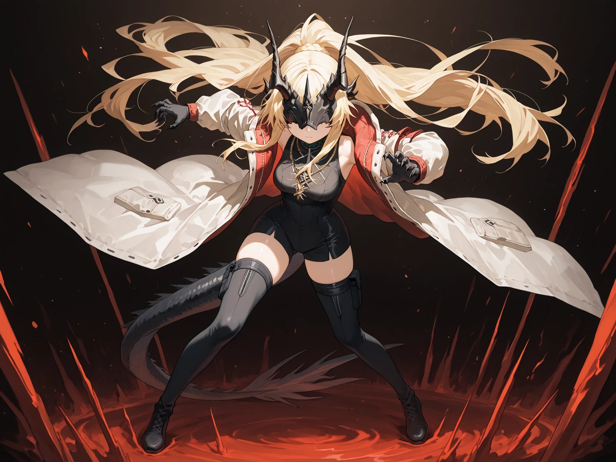 Alone, 1 girl, short and young character, petite body, height 1.50 meters, body proportions similar to Terakomari Gandesblood, confident but cute expression.
Dynamic pose, action stance, flowing hair, dramatic composition, looking directly at the viewer with confidence.
Hair: Hairstyle similar to Artoria Pendragon Ruler from Fate/Grand Order, long ponytail tied back, with shimmering golden strands of energy that move with her pose. Blonde hair.
Mask: Black mask identical to the Frost Queen's mask from The Return of the Frozen Player, completely covering the eyes. No eye slits, no visible eyes, the mask completely conceals the eyes.
Body: Black arms and hands with claws, black legs and feet with claws, black markings on the arms, shoulders, and thighs, dragon tail tipped with a red flame, long, curved black horns like those of the original version of Reed from Arknights. Exposed thighs. White military jacket with red details, gold chain crossing the character's neck and body.
Outfit:
White military jacket based on Projekt Red from Arknights, with gold military medals. The inside of the military coat is red, the coat is white with red details, the inside of the coat is red, the reverse of the coat is red.
Clearly visible red on the inside of the jacket.
Black sweatshirt identical to the design of the original Reed Elite 2, reaching mid-thigh.
Gold chain necklace on the chest and torso, crossing the body (like the chain detail on the original Reed).
Scene: Black background, dynamic full-body posture, sexy and confident, with medium-sized breasts, a small waist, wide hips, and a large butt.
Most importantly, she wears a white military coat with blue accents and a red interior, the inside of the coat being red, identical in every detail to Amiya's coat in Arknights (but in white)—the same fabric, cut, blue accents, red interior, length, hood design, zippers, and proportions. The coat is well-fitting, hugging her shoulders and torso—without falling or slipping.