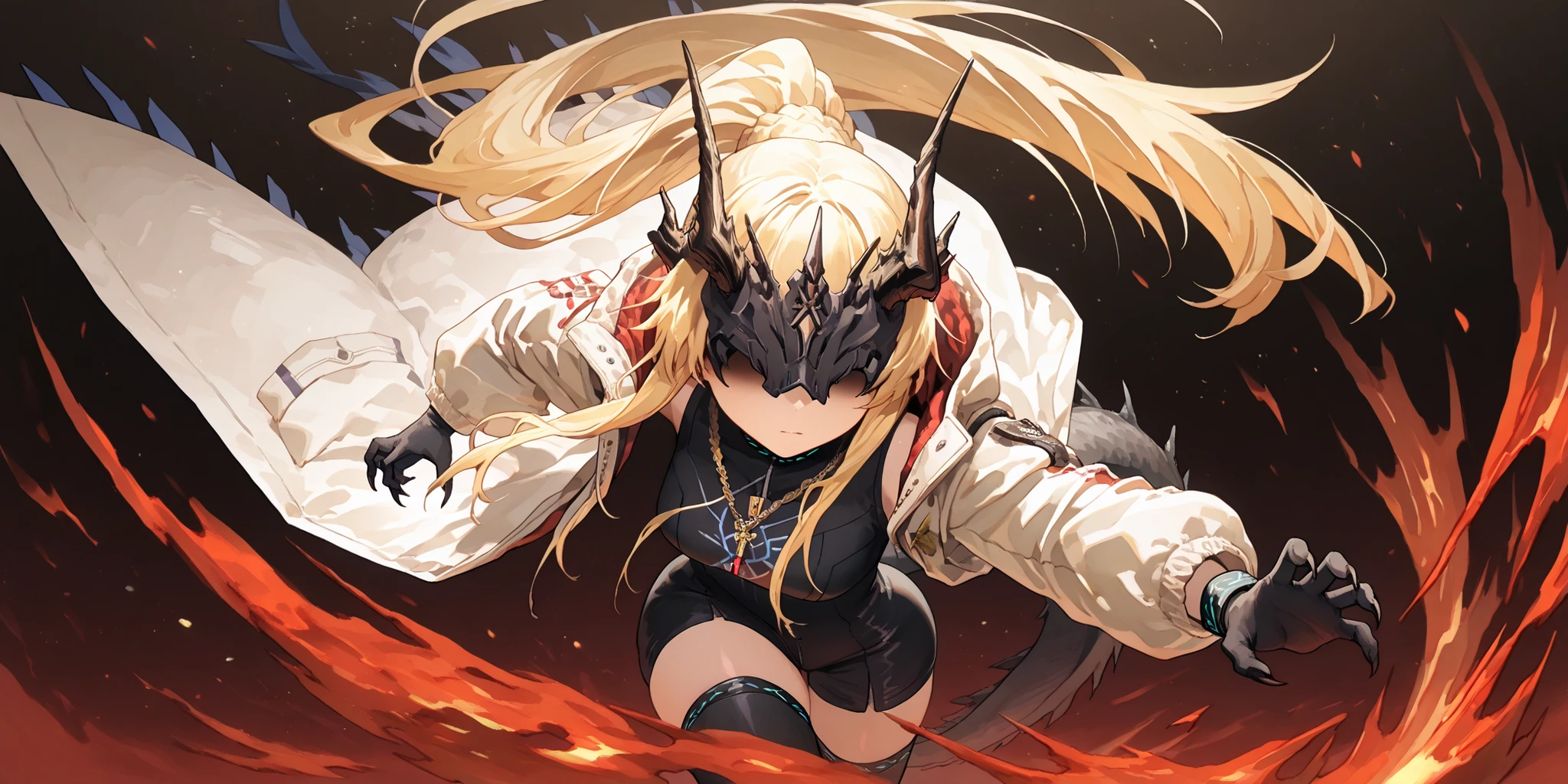 Alone, 1 girl, short and young character, petite body, height 1.50 meters, body proportions similar to Terakomari Gandesblood, confident but cute expression.
Dynamic pose, action stance, flowing hair, dramatic composition, looking directly at the viewer with confidence.
Hair: Hairstyle similar to Artoria Pendragon Ruler from Fate/Grand Order, long ponytail tied back, with shimmering golden strands of energy that move with her pose. Blonde hair.
Mask: Black mask identical to the Frost Queen's mask from The Return of the Frozen Player, completely covering the eyes. No eye slits, no visible eyes, the mask completely conceals the eyes.
Body: Black arms and hands with claws, black legs and feet with claws, black markings on the arms, shoulders, and thighs, dragon tail tipped with a red flame, long, curved black horns like those of the original version of Reed from Arknights. Exposed thighs. White military jacket with red details, gold chain crossing the character's neck and body.
Outfit:
White military jacket based on Projekt Red from Arknights, with gold military medals. The inside of the military coat is red, the coat is white with red details, the inside of the coat is red, the reverse of the coat is red.
Clearly visible red on the inside of the jacket.
Black sweatshirt identical to the design of the original Reed Elite 2, reaching mid-thigh.
Gold chain necklace on the chest and torso, crossing the body (like the chain detail on the original Reed).
Scene: Black background, dynamic full-body posture, sexy and confident, with medium-sized breasts, a small waist, wide hips, and a large butt.
Most importantly, she wears a white military coat with blue accents and a red interior, the inside of the coat being red, identical in every detail to Amiya's coat in Arknights (but in white)—the same fabric, cut, blue accents, red interior, length, hood design, zippers, and proportions. The coat is well-fitting, hugging her shoulders and torso—without falling or slipping.