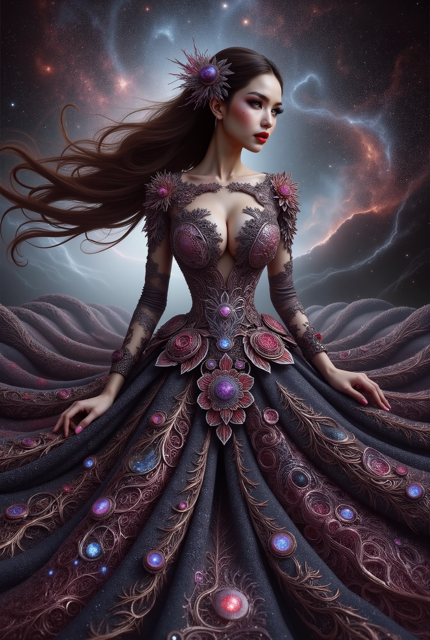 A cute japanese idol girls white-skinned, blue-eyed, thin lips, shadow eye, eyelashes, Gigantic fake boobs, Breast Press, small waist, slim body, asian girls in a strapless dress sitting in space, UHD, luxurious mechanism dress, ornate dress, shiny dress, sparkling dress, glossy motif dresses, elaborate fantasy dress with galaxy motif, elaborate fantasy long dress, expensive, voluminous dress, wearing a magnificent dress, fantasy dress, beautiful digital artwork, luxurious dress, beautiful fantasy empress, wearing ornate clothes, wearing a strapless dress made of beads and carbon fiber, photo with very sharp details, best quality:1.2),,(8k,highres,RAW photo,realistic,photo-realistic:1.3),(detailed skin texture,detailed cloth texture,detailed flame texture, beautiful detailed face:1.25),professional lighting,photon mapping,beautiful soft light,radiosity,physically-based rendering,raytracing, model shoot style, model shoot style, (extremely detailed CG unity 8k wallpaper), full shot body photo of the most beautiful artwork in the world. (Body Navel) push up breast. Breast press.