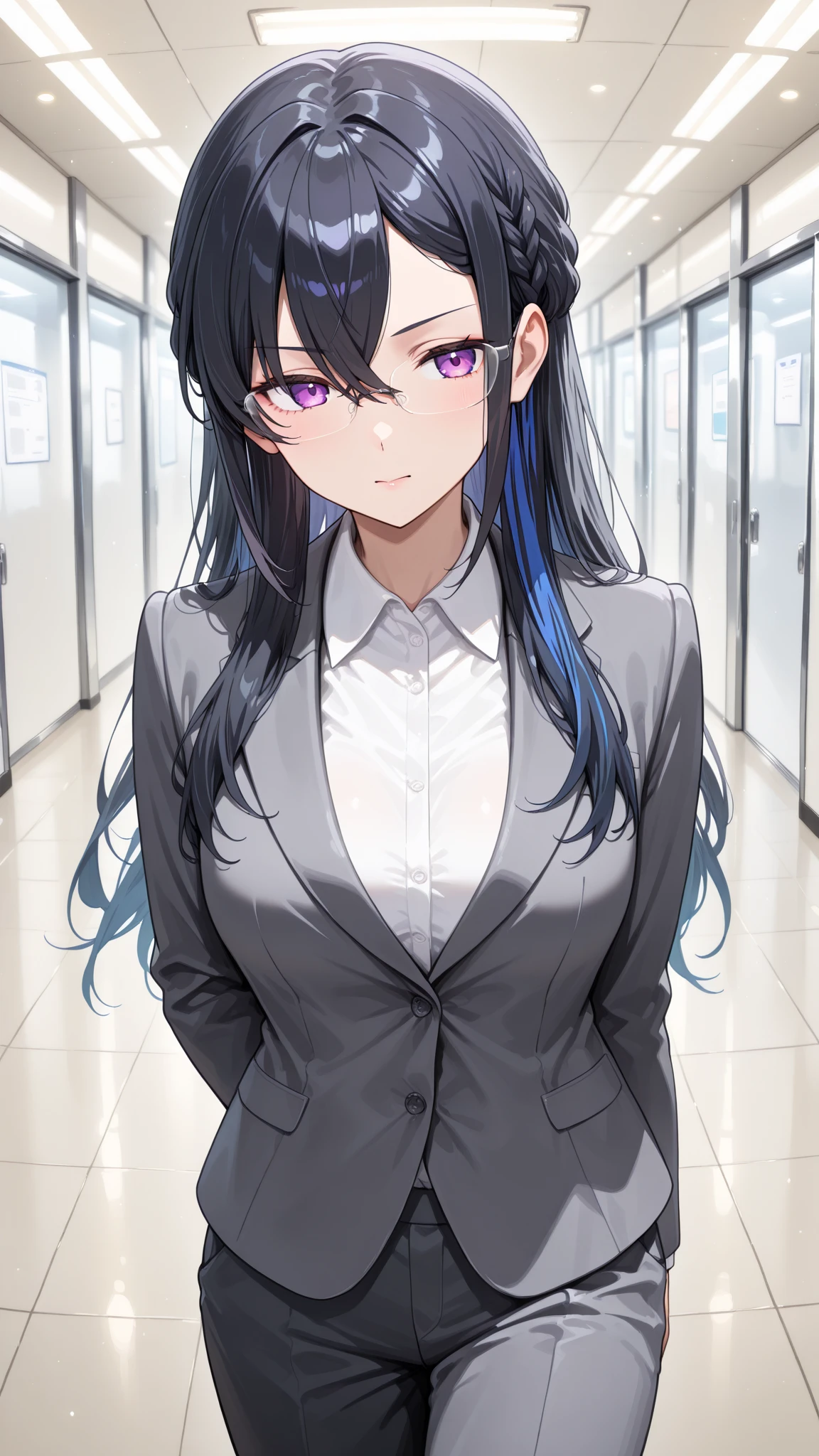 (masterpiece:1.37), best quality, (extremely detailed:1.37), office, window overlooking a bustling cityscape, woman, (mature:1.75), (adult:1.5), (very long hair:1.5), dark purple hair, purple eyes, (extremely detailed eyes:1.37), , sunglasses, business suit, necktie, (very long pencil skirt:2.0), pantyhose, (wetting herself:2.0), standing straight, (desperation:2.0), full body day, daytime, glow, facing viewer, perfect composition, Perfect light and shadow, 8K
