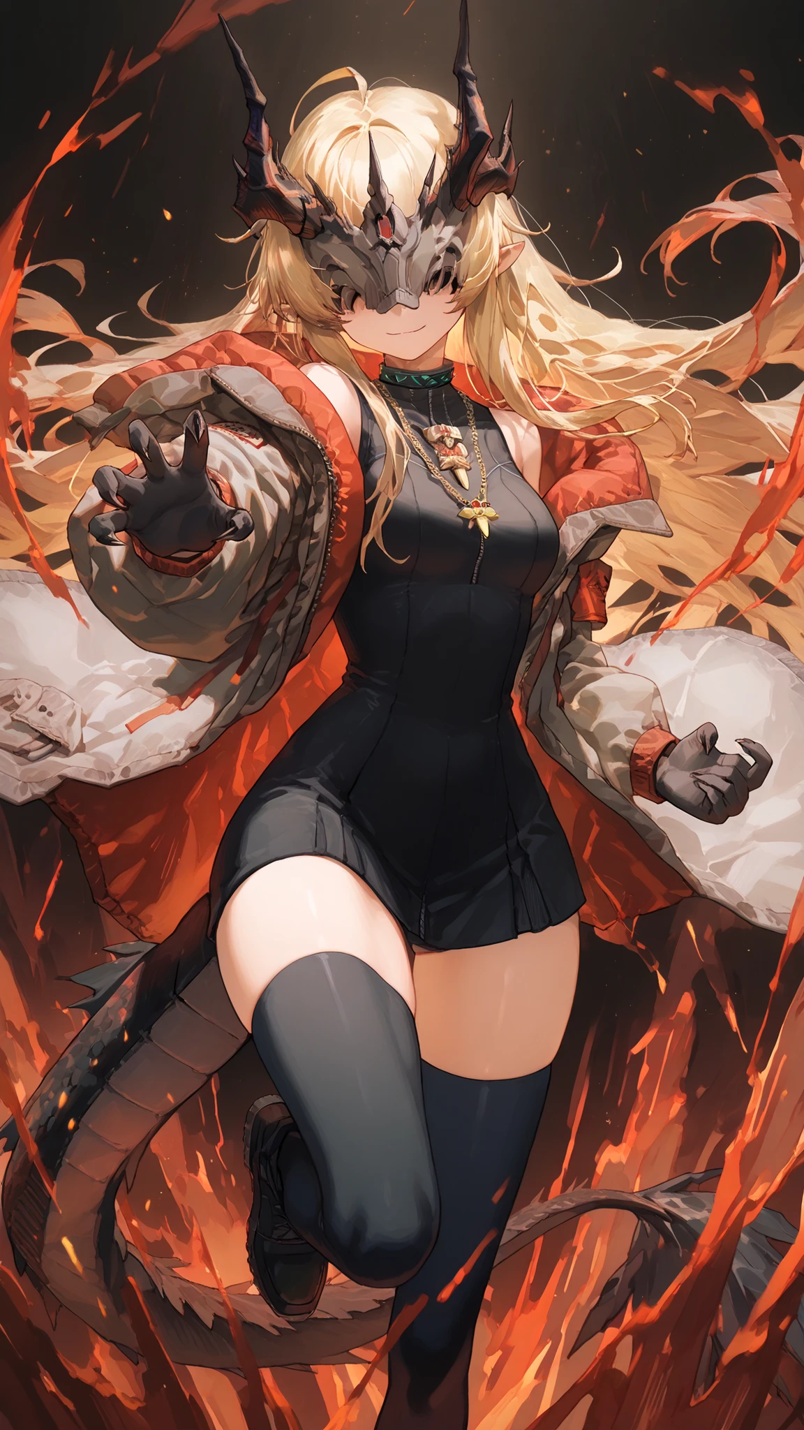 Alone, 1 girl, short and young character, petite body, height 1.50 meters, body proportions similar to Terakomari Gandesblood, confident but cute expression.
Dynamic pose, action stance, flowing hair, dramatic composition, looking directly at the viewer with confidence.
Hair: Hairstyle similar to Artoria Pendragon Ruler from Fate/Grand Order, long ponytail tied back, with shimmering golden strands of energy that move with her pose. Blonde hair.
Mask: Black mask identical to the Frost Queen's mask from The Return of the Frozen Player, completely covering the eyes. No eye slits, no visible eyes, the mask completely conceals the eyes.
Body: Black arms and hands with claws, black legs and feet with claws, black markings on the arms, shoulders, and thighs, dragon tail tipped with a red flame, long, curved black horns like those of the original version of Reed from Arknights. Exposed thighs. White military jacket with red details, gold chain crossing the character's neck and body.
Outfit:
White military jacket based on Projekt Red from Arknights, with gold military medals. The inside of the military coat is red, the coat is white with red details, the inside of the coat is red, the reverse of the coat is red.
Clearly visible red on the inside of the jacket.
Black sweatshirt identical to the design of the original Reed Elite 2, reaching mid-thigh.
Gold chain necklace on the chest and torso, crossing the body (like the chain detail on the original Reed).
Scene: Black background, dynamic full-body posture, sexy and confident, with medium-sized breasts, a small waist, wide hips, and a large butt.
Most importantly, she wears a white military coat with blue accents and a red interior, the inside of the coat being red, identical in every detail to Amiya's coat in Arknights (but in white)—the same fabric, cut, blue accents, red interior, length, hood design, zippers, and proportions. The coat is well-fitting, hugging her shoulders and torso—without falling or slipping.