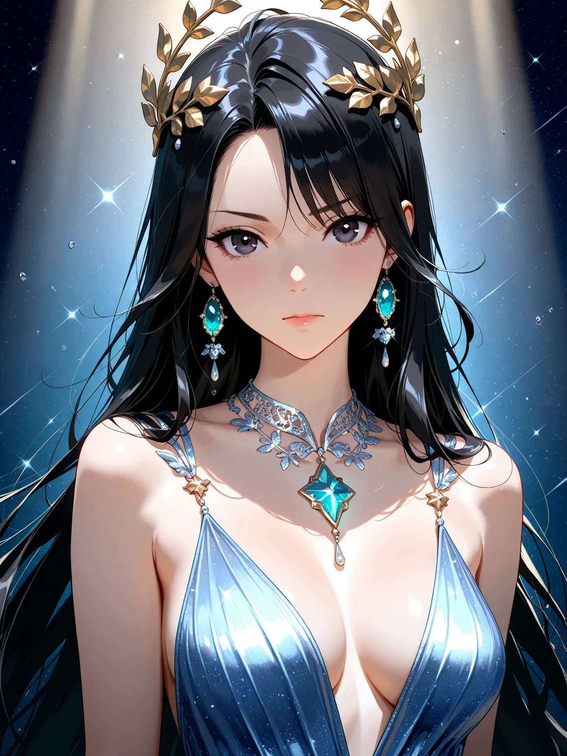 ( high quality , Super detailed, careful with hand )Twelve Zodiac Signs - Aquarius Goddess , similar to latin goodness . optimistic, just, Interesting and intellectual face . reckless, cold-hearted, impatient, overconfident style . dark blue eyes (Eye details) , Dark blue hair with bling bling ,  , in the ocean of stars , whole body , fire make up look , god Chiron