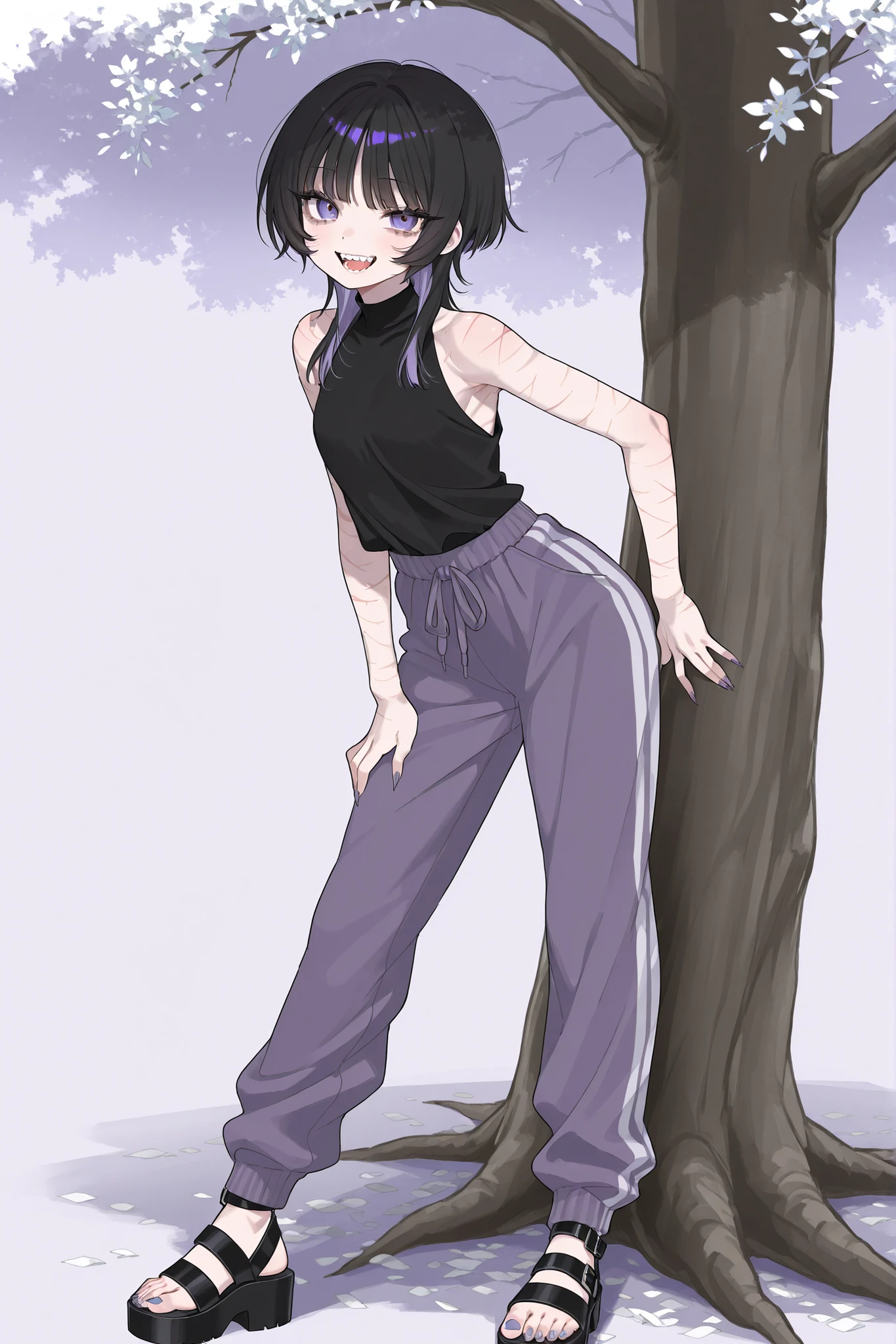 one girl、adult older sister、Composition showing their whole body、Standing picture、dark haired、The hairstyle is unkempt 、Seductive and sensual woman with long wolf cut hair 、Bedhead、bright purple inner color、bangs are straight、Purple Eyes、black plain sleeveless top、purple sweatpants、Black platform sandals with tree eyes、long eyelashes and lower lashes、smiling with open mouth、double teeth、Jagged Teeth、white swirl highlight in the eye、Bust is average、under the eyes、the background is white、cigarettes to PC games、best quality、So many scars on my arm、cute light blue sharp nails。showing off my nails。