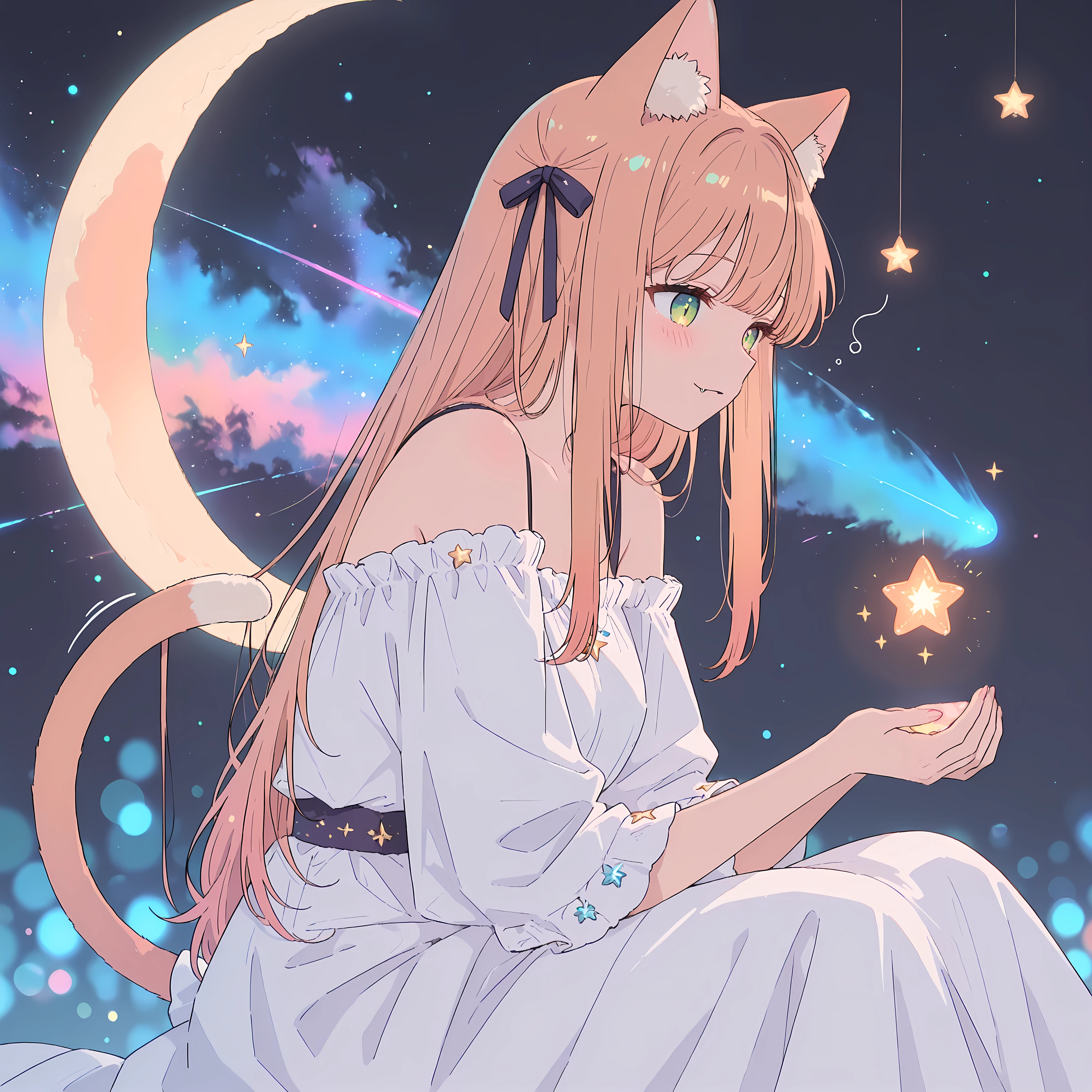 best quality, amazing quality,masterpiece,absurdres,ultra detailed,
,green eyes,soft orange hair,long hair,animal ears,hair ribbon,fang,a cat tail,1girl, solo, cute and beautiful Kanade,
, sleepy green eyes with stars in them, cute animal ears twitching, blushing,
wearing a simple but elegant off-shoulder nightgown, white and light blue, decorated with small star-shaped charms,
sitting on a crescent moon, looking down at a miniature galaxy held in her hands,
a soft, pastel-colored nebula, sparkling starfield, comets streaking by,
dreamlike atmosphere, soft lighting, glowing particles, bokeh effect.