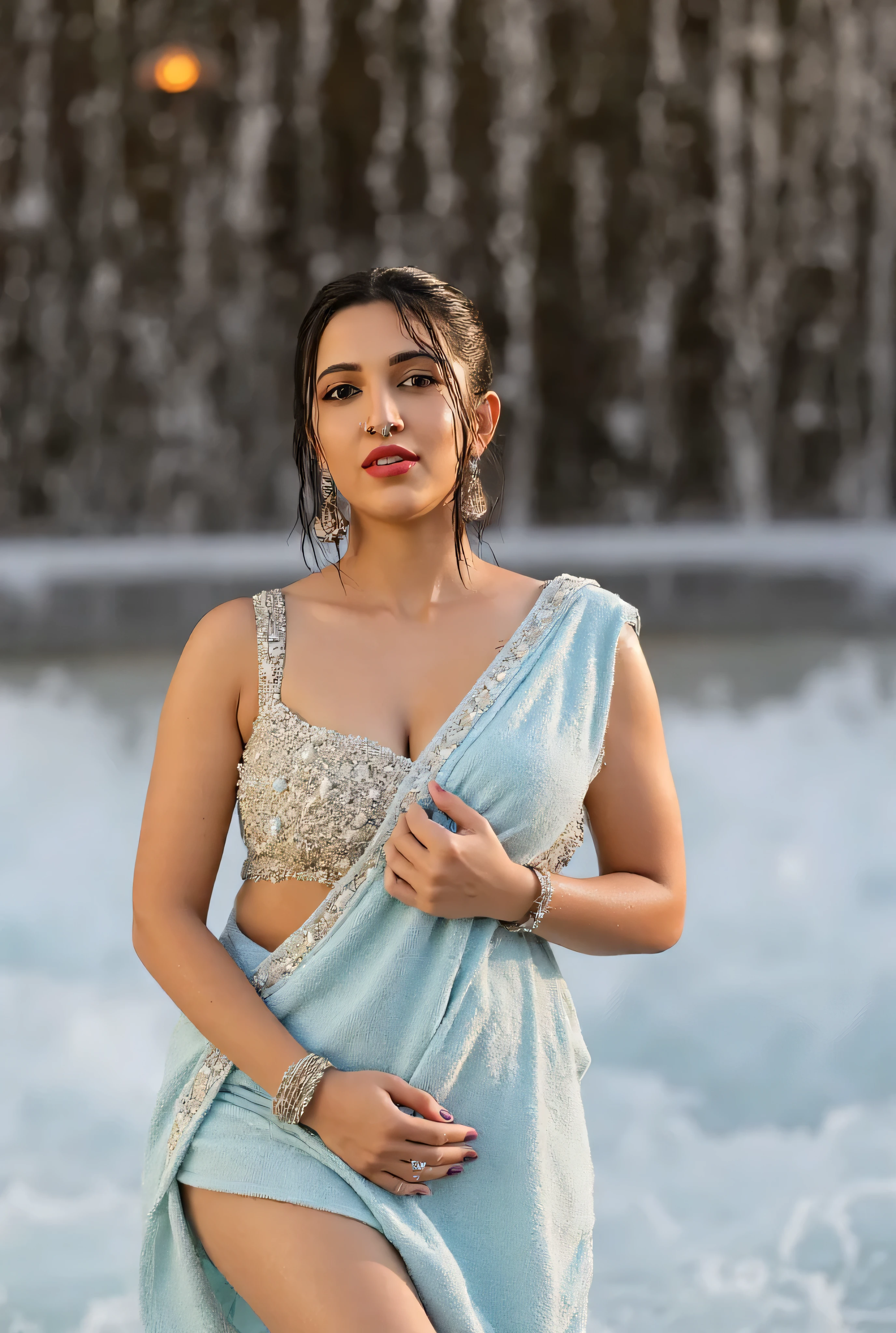 photo of sexy NehaS , curvy, hourglass figure, swooping breasts, deep cleavage, bath towel, in a waterfall, seductive pose, erotic pose, cheering for her, wavy hair, necklace, red lips, nosering on one side of nose, jhumka, bright light photoshoot model,