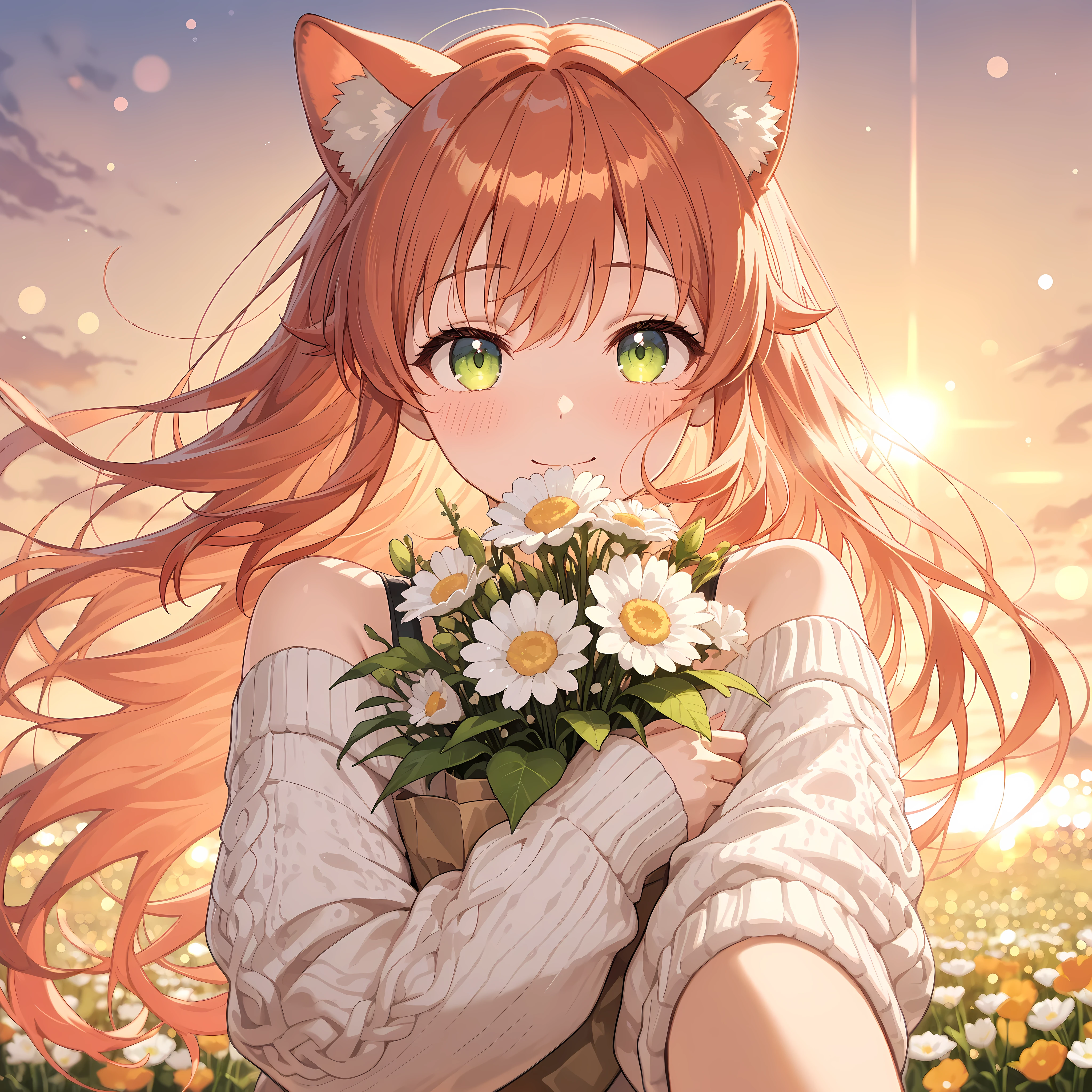 high definition eyes,detailed eyes,Beautiful,(masterpiece, best quality, 8k, ultra-detailed, absurdres),
(from viewer's perspective), pov,
a beautiful and gentle anime girl Kanade is hugging you,
long flowing orange hair, kind green eyes looking at viewer, cute animal ears, a warm and reassuring smile on her face, slight blush,
her arms are wrapped around the viewer, close-up on her happy face and shoulders,
wearing a cozy, oversized white sweater,
background is a beautiful field of flowers during sunset, golden hour lighting, soft focus, warm colors, lens flare, bokeh.