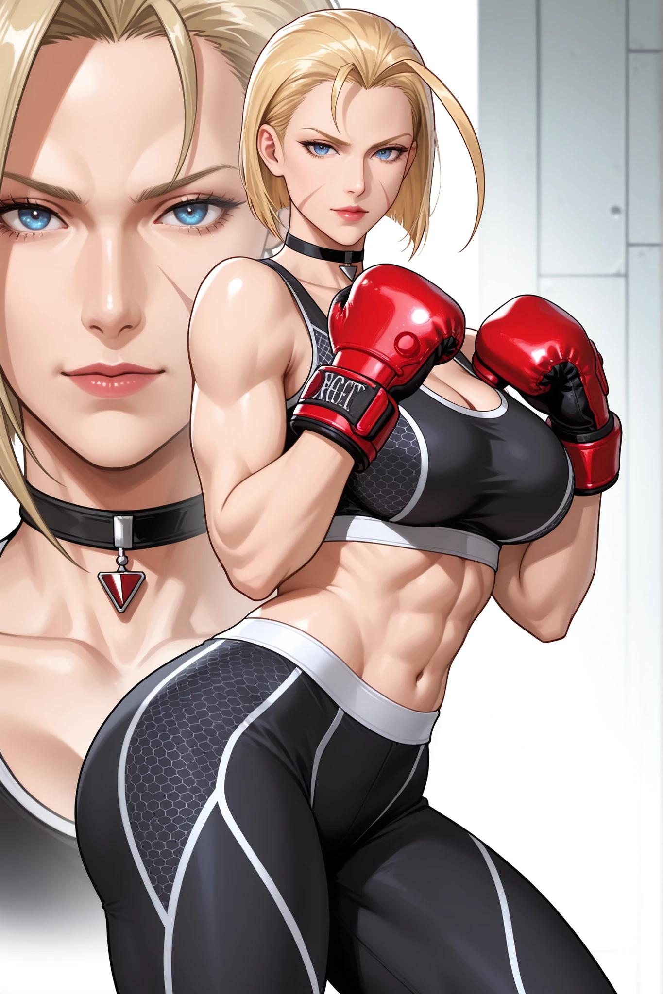 cammy white, blue eyes, scar on face, blonde hair, short hair, huge ahoge, choker, black sports bra, black leggins, red boxing gloves, 
 thick thighs,  adult face, looking at viewer , direct look, forward, adult face, beautiful, detailed, adult mature face, facing ForwRD, ,close up, 20 years old,  woman,
