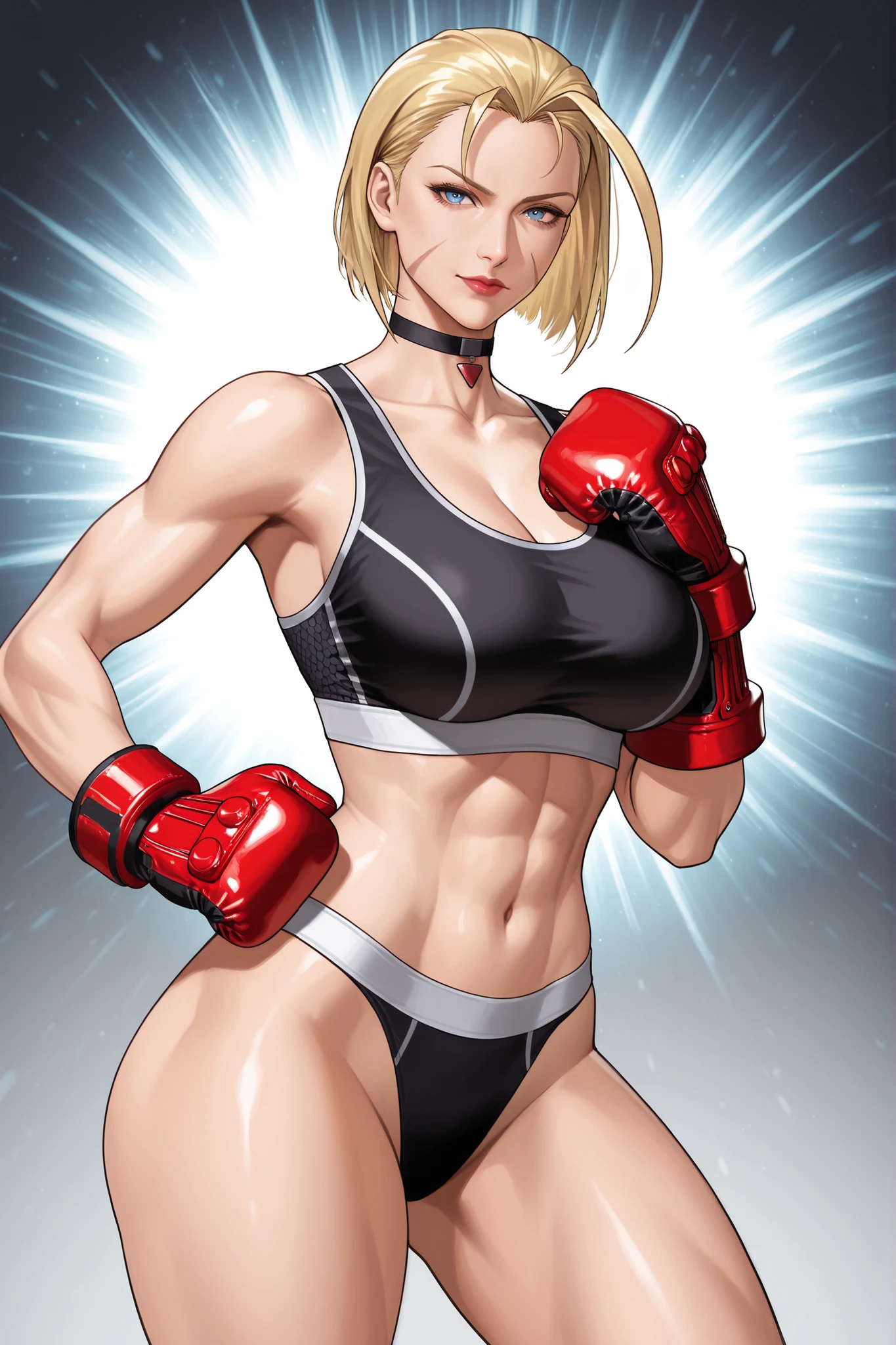 cammy white, blue eyes, scar on face, blonde hair, short hair, huge ahoge, choker, black sports bra, black leggins, red boxing gloves, 
 thick thighs,  adult face, looking at viewer , direct look, forward, adult face, beautiful, detailed, adult mature face, facing ForwRD,  20 years old,  woman,