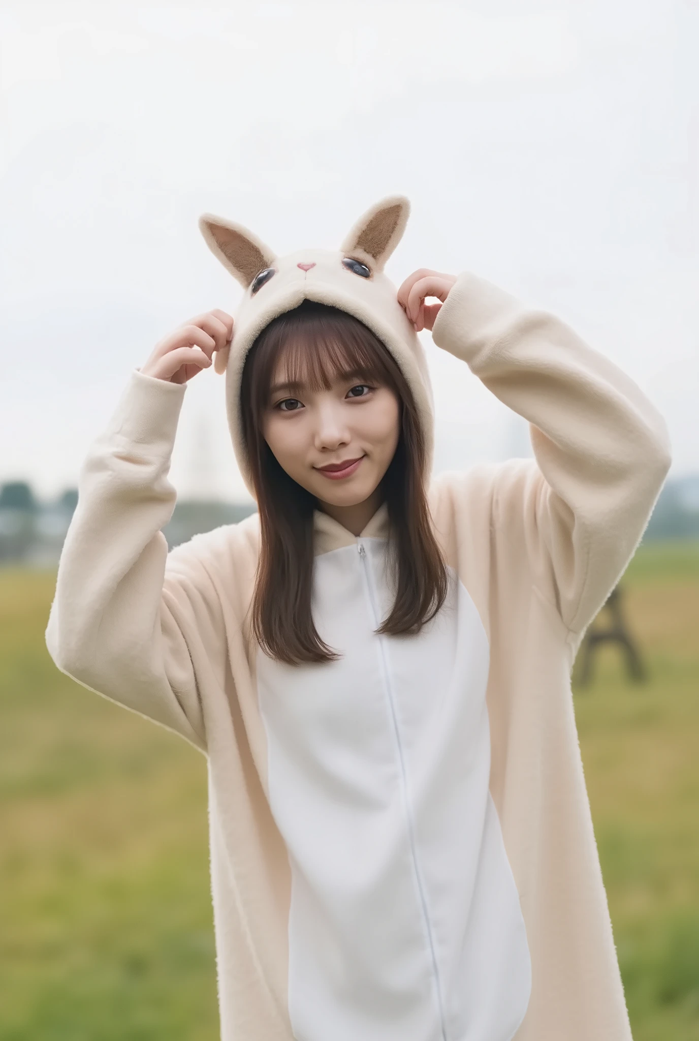 A high resolution portrait photograph of a Japanese adult woman wearing a goat kigurumi standing with arms up in a pasture with a smile.
