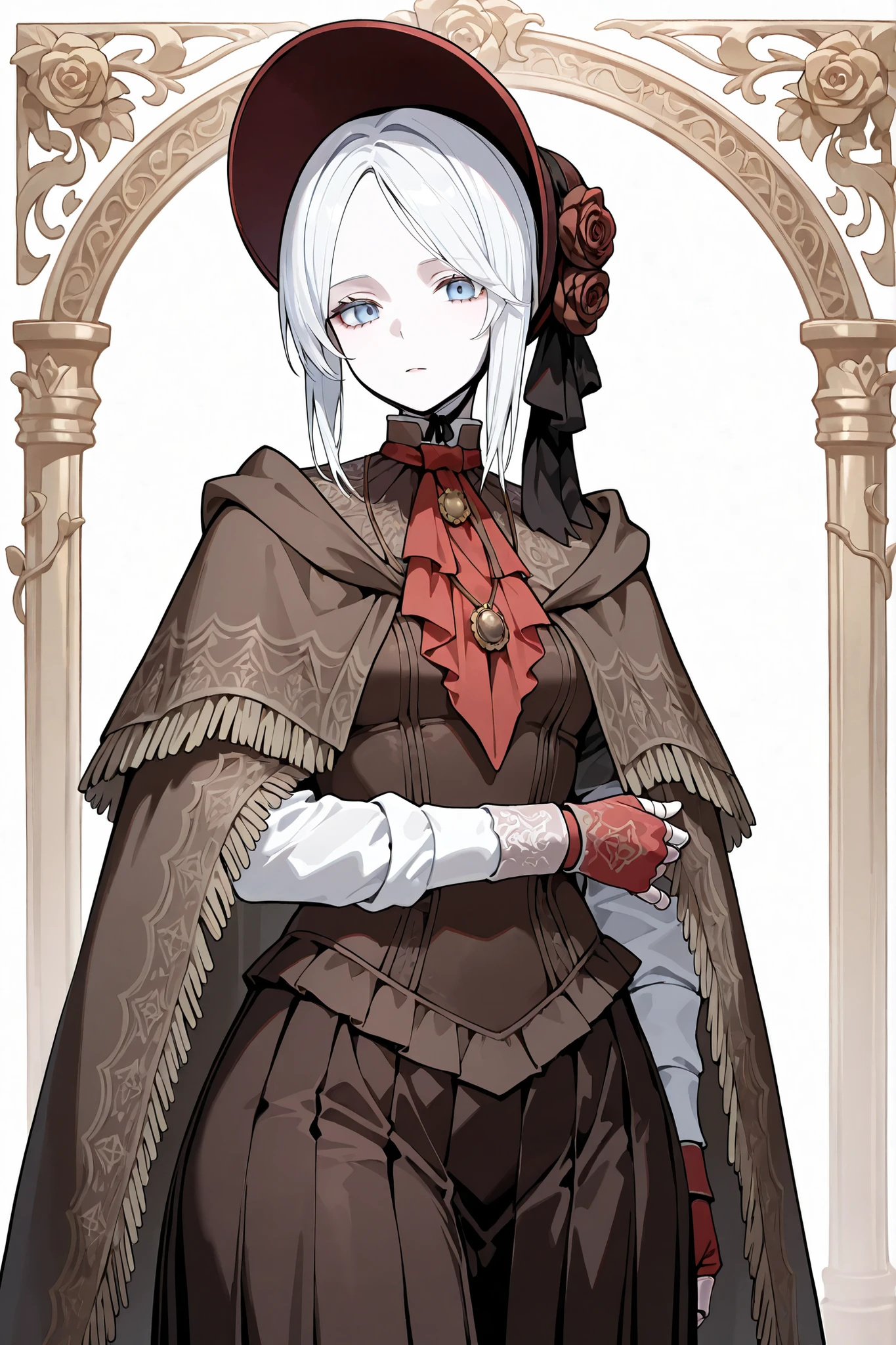 hat flower, rose, bonnet, pendant, red ascot, brown cloak, brown dress, long dress, long sleeves, white sleeves, red gloves, fingerless gloves, pldll, white hair, short hair, swept bangs, blue eyes, pale skin, doll joints, ,,,1girl,solo ,,,looking at viewer ,,,thick thighs ,,,white background,pleated skirt