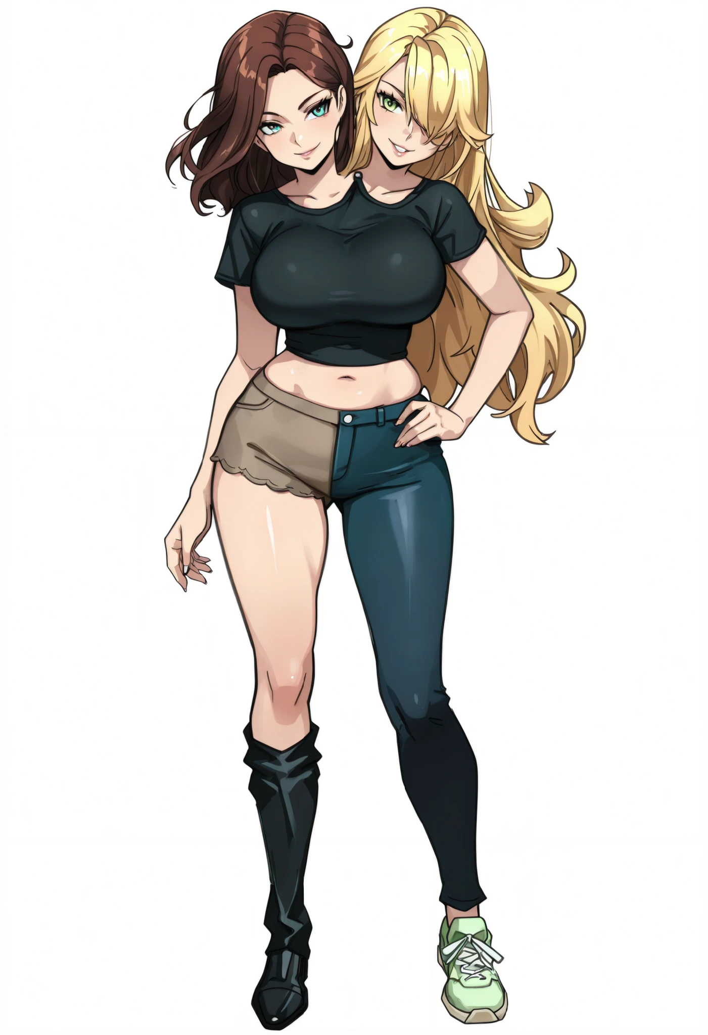 (masterpiece) , (ultra-detailed) , (high quality) , (high resolution) , (best quality:1 . 5 , highres , UHD) , highres , absurdo , ultra detail , ultra quality , Ultra resolution , 16k , 1girl ,, ((2heads:1 . 5)) , ((brown hair)) , ((blonde hair)) , (different hair colors) , long hair , (1girl) , conjoined twins , (black pants ), sexy proportions, (exposed midriff), thighs, Beautiful woman with accentuated slender abs, ((seductive posture)), black crop top, ((different hairstyles)), different haircuts, (long hair), (blue green eyes), black crop shirt, sharp eyes, mature woman, ((hair bang over eye)), mature woman, milf woman, ((hair over one eye)), sharp eyes