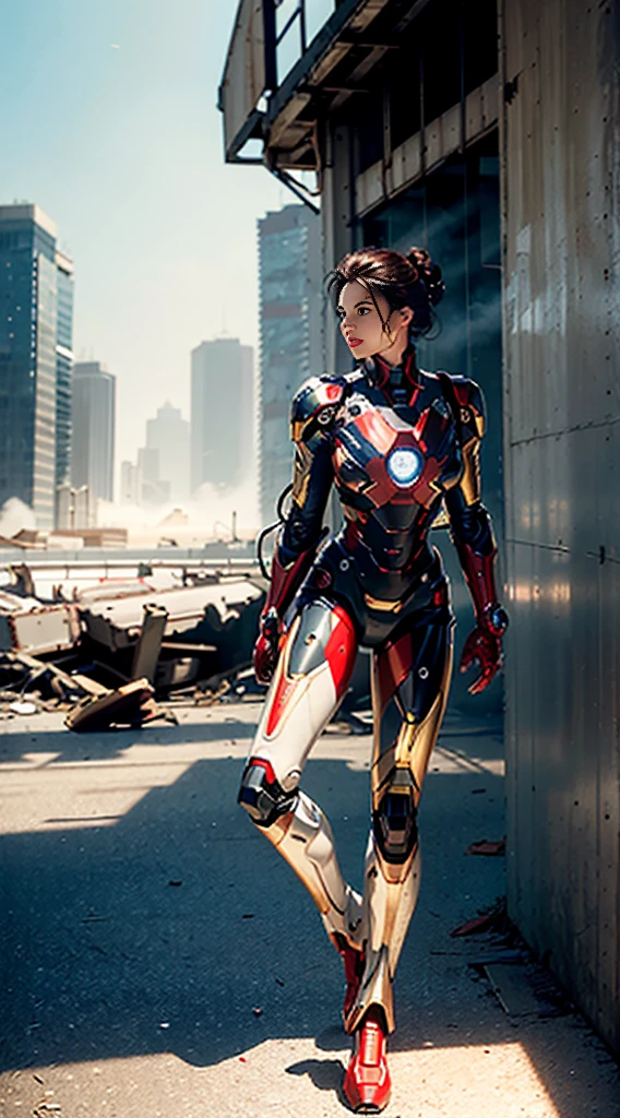 (1 girl: 1.3), alone, __body parts__, official art, unity 8k wallpaper, super detailed, handsome and aesthetic, beautiful, masterpiece, better quality, born, masterpiece, super thin photo, better quality, ultra high resolution, realistic, sunlight, full body portrait, とってもbeautiful,, dynamic pose, Ariana Grande,delicate face, bright eyes, (Side view), She's wearing a futuristic Iron Man mecha, red and gold, Highly detailed abandoned warehouse background,  detailed face, Detailed complex background occupied, Messy, beautiful, milky, highly detailed skin, realistic skin details, visible pores, sharp focus, Volumetric mist, 8K UHD, Digital single-lens reflex camera, high quality, film grain, clear skin, photorealism, lomography, A vast metropolis in a futuristic dystopia, bottom view, translucent