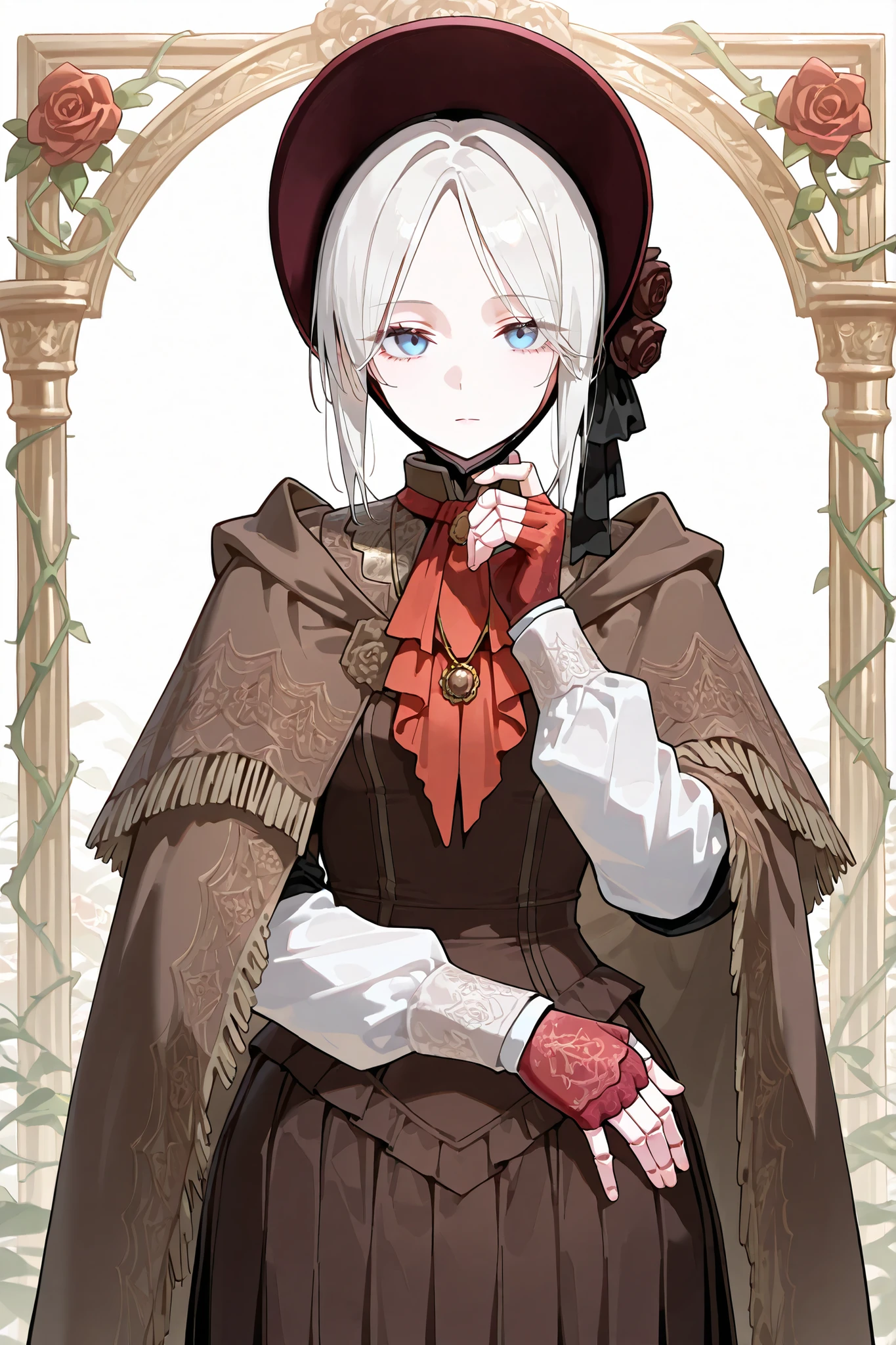 hat flower, rose, bonnet, pendant, red ascot, brown cloak, brown dress, long dress, long sleeves, white sleeves, red gloves, fingerless gloves, pldll, white hair, short hair, swept bangs, blue eyes, pale skin, doll joints, ,,,1girl,solo ,,,looking at viewer ,,,thick thighs ,,,white background,pleated skirt