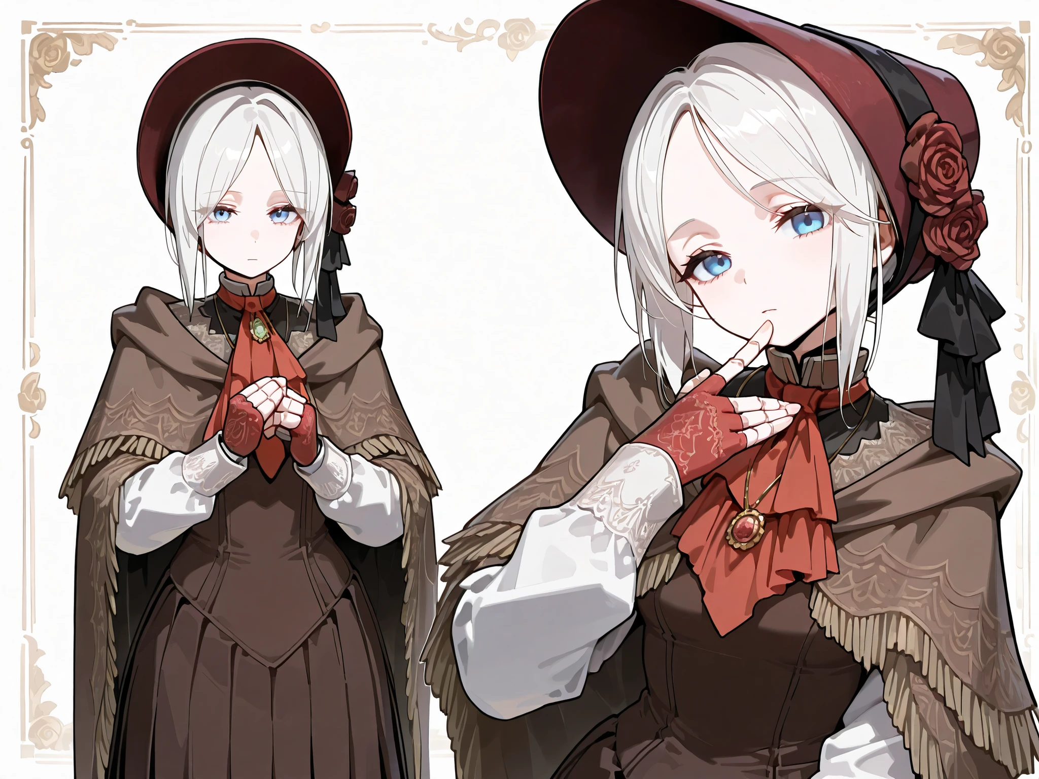 hat flower, rose, bonnet, pendant, red ascot, brown cloak, brown dress, long dress, long sleeves, white sleeves, red gloves, fingerless gloves, pldll, white hair, short hair, swept bangs, blue eyes, pale skin, doll joints, ,,,1girl,solo ,,,looking at viewer ,,,thick thighs ,,,white background,pleated skirt