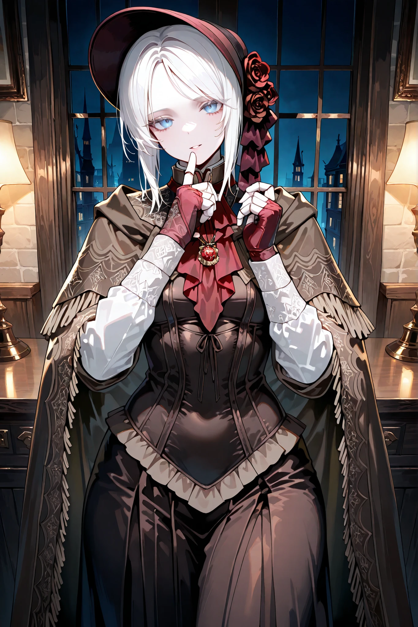 hat flower, rose, bonnet, pendant, red ascot, brown cloak, brown dress, long dress, long sleeves, white sleeves, red gloves, fingerless gloves, pldll, white hair, short hair, swept bangs, blue eyes, pale skin, doll joints, ,,,1girl,solo ,,,looking at viewer ,,,thick thighs ,,, posing , indoors , dark , darkness , night