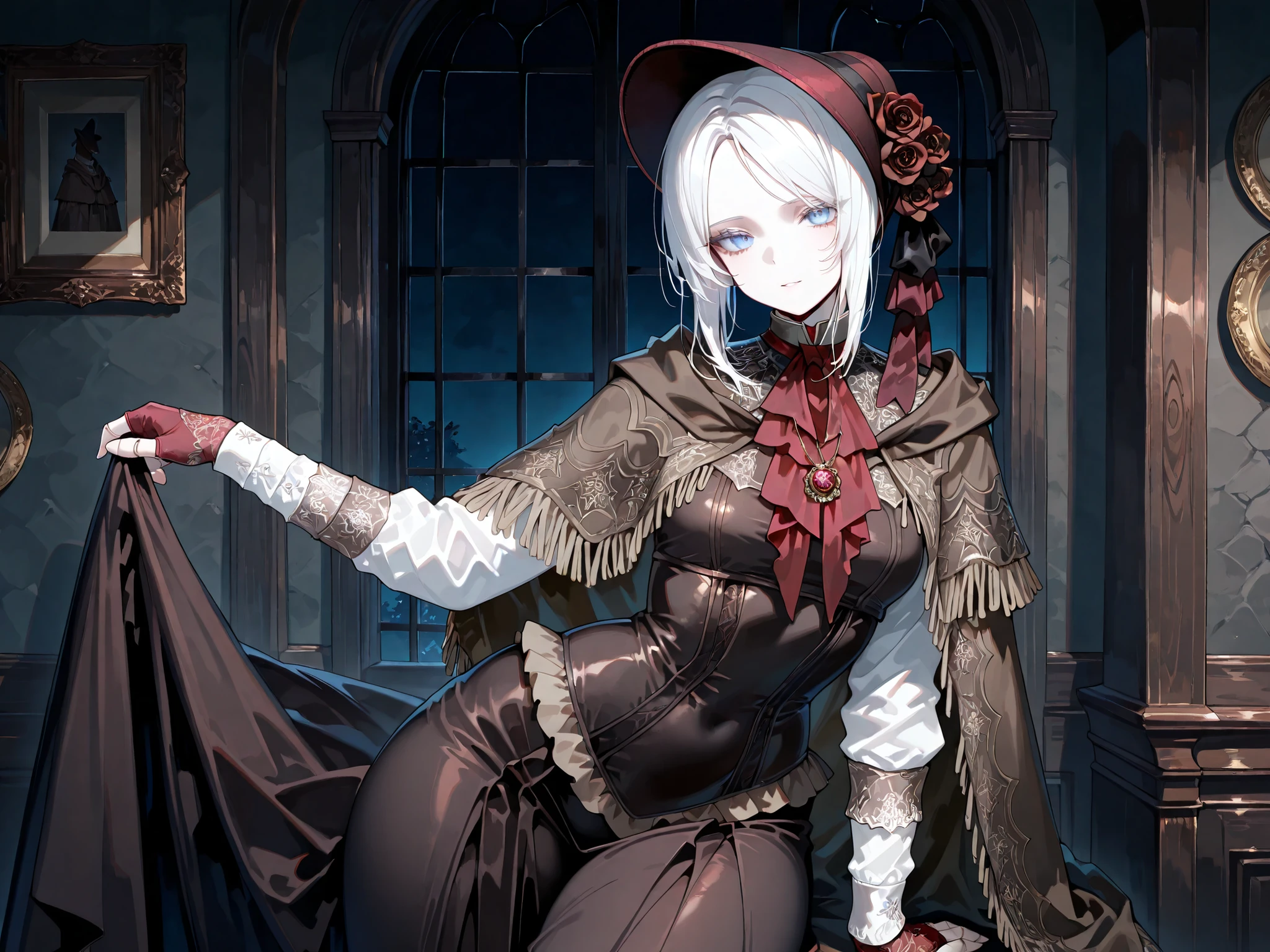 hat flower, rose, bonnet, pendant, red ascot, brown cloak, brown dress, long dress, long sleeves, white sleeves, red gloves, fingerless gloves, pldll, white hair, short hair, swept bangs, blue eyes, pale skin, doll joints, ,,,1girl,solo ,,,looking at viewer ,,,thick thighs ,,, posing , indoors , dark , darkness , night