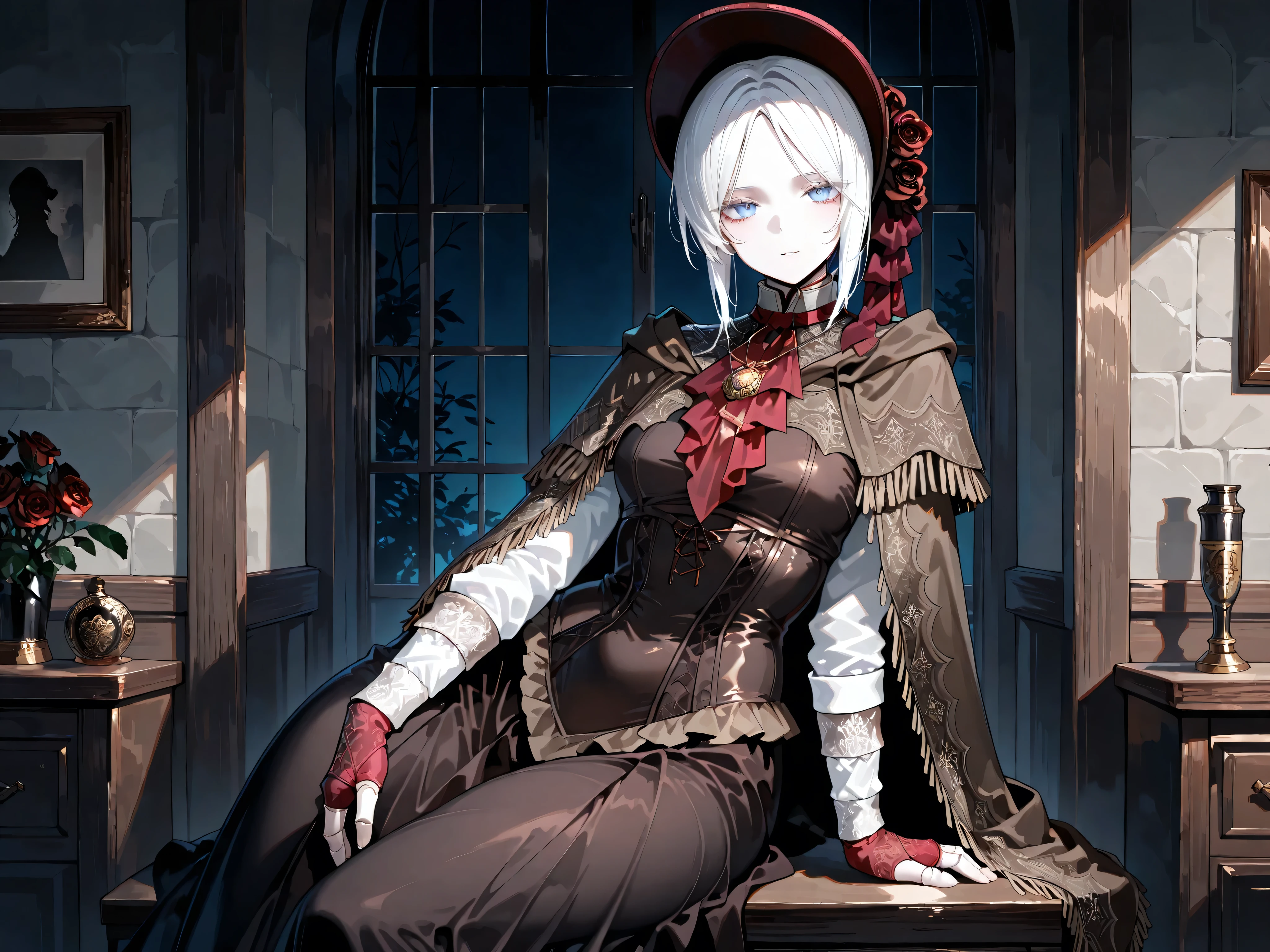 hat flower, rose, bonnet, pendant, red ascot, brown cloak, brown dress, long dress, long sleeves, white sleeves, red gloves, fingerless gloves, pldll, white hair, short hair, swept bangs, blue eyes, pale skin, doll joints, ,,,1girl,solo ,,,looking at viewer ,,,thick thighs ,,, posing , indoors , dark , darkness , night