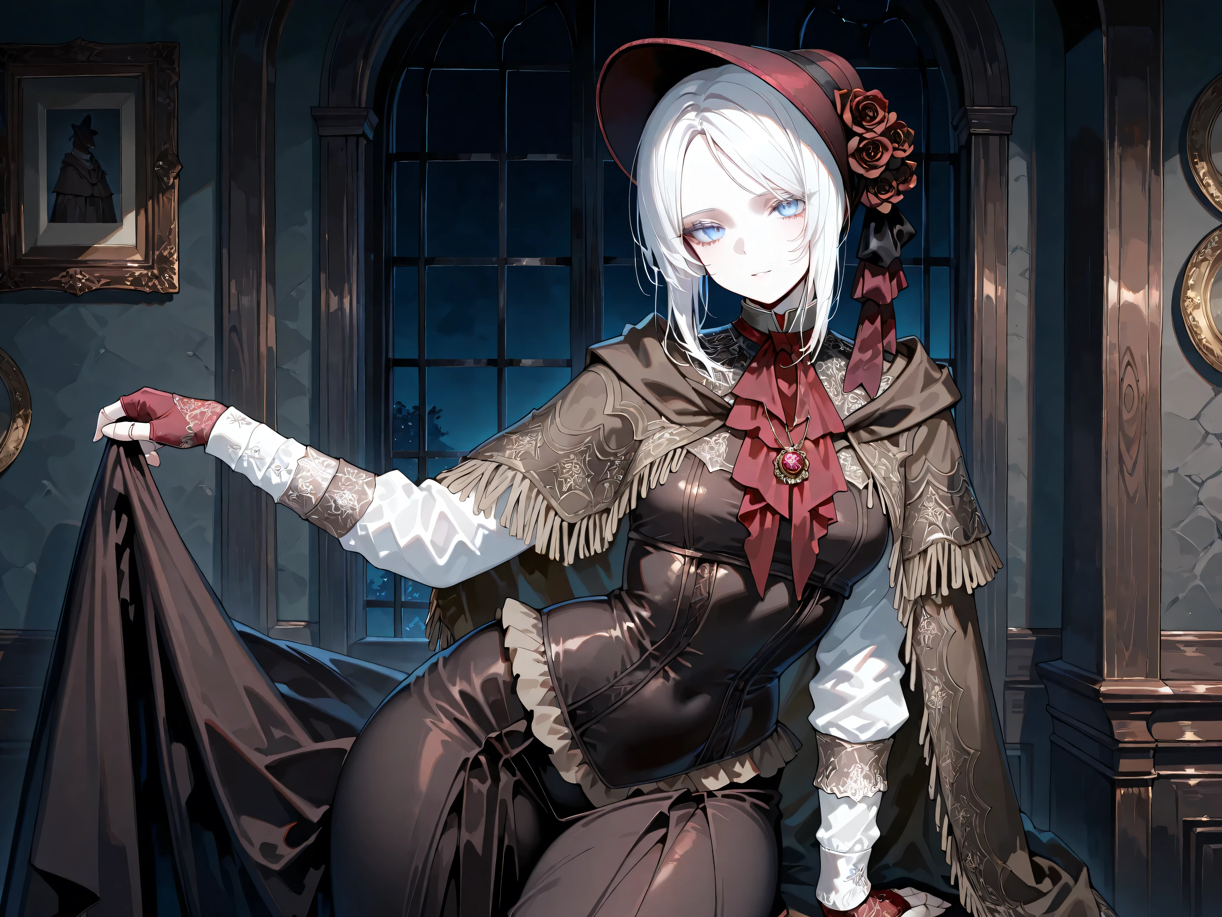 hat flower, rose, bonnet, pendant, red ascot, brown cloak, brown dress, long dress, long sleeves, white sleeves, red gloves, fingerless gloves, pldll, white hair, short hair, swept bangs, blue eyes, pale skin, doll joints, ,,,1girl,solo ,,,looking at viewer ,,,thick thighs ,,, posing , indoors , dark , darkness , night