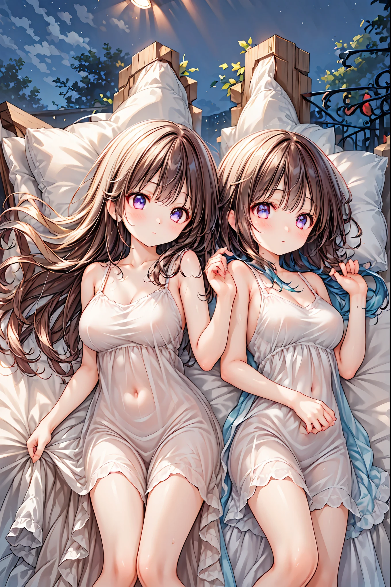 star座のパーソナリティ化,夜空に輝く十二star座がpeopleの姿を得て舞い降りる,(((Gemini twins))),((from above:1.2)),field,starが見える丘で,流star、空から降り注ぐ流star、無数の流star群、girl2people,full shot,full body view,they look the same,Gemini Girl,twin girls,monozygotic,soft expression,year zero,Elegant Behavior, Delicate Shape ,細部までこだわり抜かれたRealistic表現,exquisite digital art,Mysterious Night Sky Background,star々white Greek style dress,High Quality,4K,Ultra Fine,Realistic,picture that follows the skin,HDR,UHD,expert level with delicate background, ,bokeh