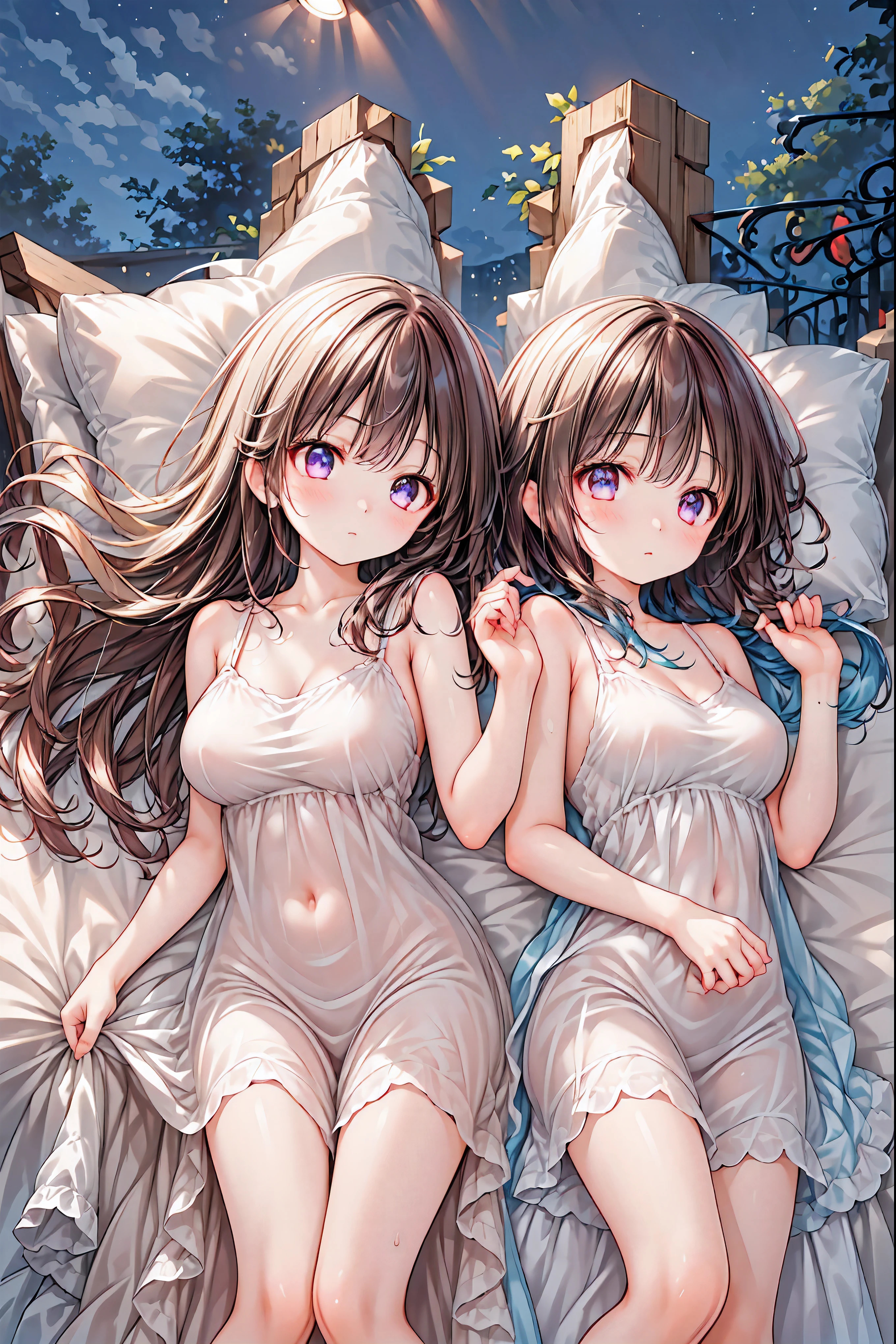 Personalization of Star Constellations,Twelve Stars Shining in the Night Sky take the form of people and soar down,(((Gemini twins)))，((from above:1.2)),field，Stars Can Be Seen on the Hill，Stream star、空から降り注ぐStream star、無数のStream star群、girl２people，full shot，full body view，they look the same，Gemini Girl,twin girls，monozygotic，soft expression,year zero,Elegant Behavior, Delicate Shape ,Realistic Expression with Attention to Details,exquisite digital art,Mysterious Night Sky Background,star々white Greek style dress,High Quality,4K,Ultra Fine,Realistic,picture that follows the skin,HDR,UHD,expert level with delicate background, ,bokeh