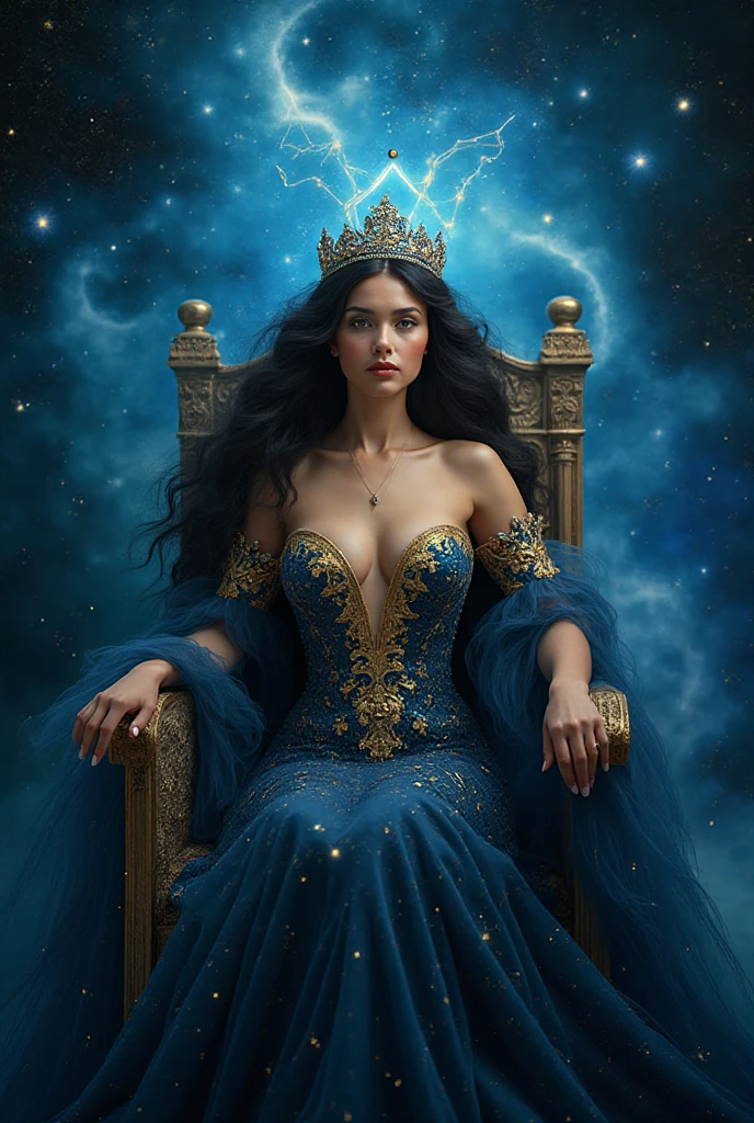 Photo of a beautiful queen in an ornate throne room of castle, bathed in soft candlelight. Her long, dark hair cascades down her back, catching the warm glow with each gentle movement. Crystal glasses sit on either side tables, their lenses reflecting the flickering candles. A fashion spread unfolds behind her, featuring intricate designs and trending platforms on Instagram and Medium. The