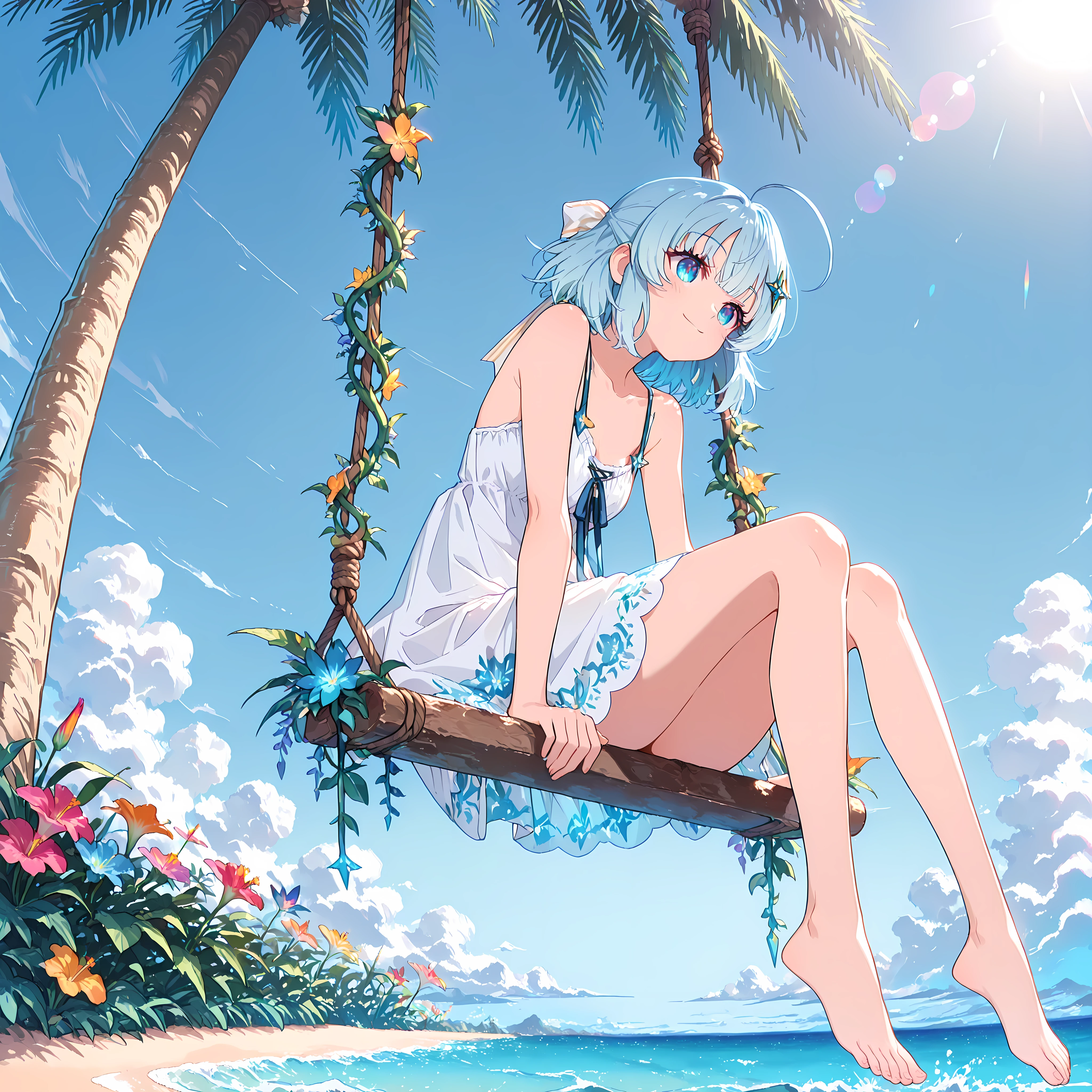 (best quality, amazing quality, masterpiece, absurdres, ultra detailed, 8k), 1girl, solo, full body,
cheerful anime girl tina_howard_iixl, blue hair, blue eyes, ahoge, hair ornament, flat chested, ribbon,
wearing a light and airy fantasy summer dress decorated with colorful sea flowers,
sitting on a magical swing made of driftwood and glowing vines, hanging from a palm tree over the water, her feet gently skimming the surface of the turquoise sea,
bright sunny day, tropical paradise background, clear sky, vibrant colors, lens flare, happy expression,
high definition eyes, detailed eyes, eyesHD, Girl, Beautiful, Japanese Anime, Anime.