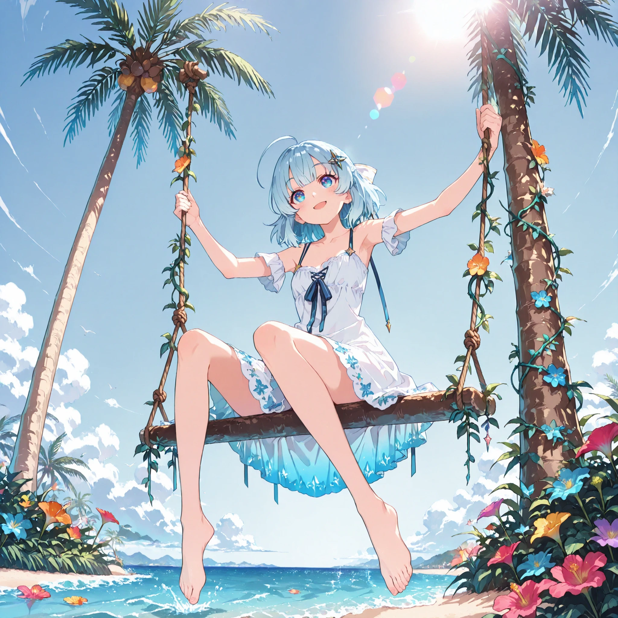 (best quality, amazing quality, masterpiece, absurdres, ultra detailed, 8k), 1girl, solo, full body,
cheerful anime girl tina_howard_iixl, blue hair, blue eyes, ahoge, hair ornament, flat chested, ribbon,
wearing a light and airy fantasy summer dress decorated with colorful sea flowers,
sitting on a magical swing made of driftwood and glowing vines, hanging from a palm tree over the water, her feet gently skimming the surface of the turquoise sea,
bright sunny day, tropical paradise background, clear sky, vibrant colors, lens flare, happy expression,
high definition eyes, detailed eyes, eyesHD, Girl, Beautiful, Japanese Anime, Anime.