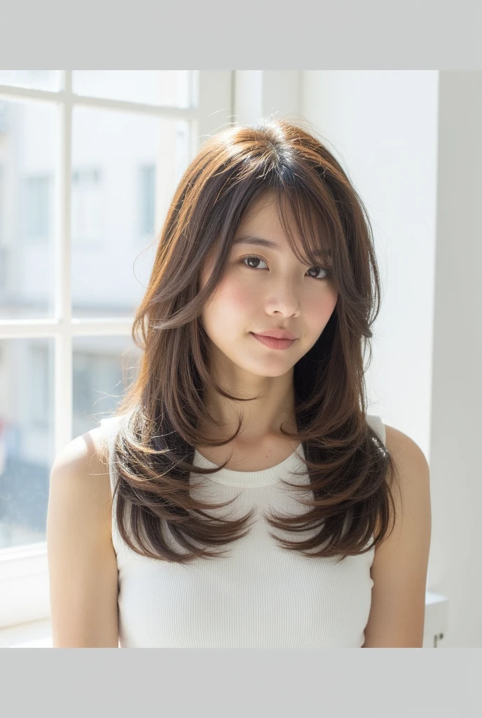 １woman　((Waist up shot:!!!))　(She is in front of a white wall、Random poses showing as much back and hair as possible:1.6)　(Large Breasts:2.0)　(She looks very confident as she looks at the viewers.:1.8)　((Highest quality)), ((masterpiece)), (family friendly), (Get used to it)　((Her hair is very heavy and curly.:1.5))　(((Her hair color is the perfect light brown..:1.8!!)))　(Her bangs are neatly trimmed and straight down.:1.5)　(Highest qualityの　long hair to the ankles!!!!!　Highest quality　Hair quality with attention to detail　long hair to the ankles!!!!!、Very long and lasting hair!!!!!　Flowing Hair　Her hair is very heavy and curly.:1.5　Very shiny and thick hair　Abnormally long hair that lasts forever!!!!!　Flowing hair on both ends!!!!!　long hair to the ankles!!!!!　long hair to the ankles!!!!!　Thick and shiny hair　Very free hair　Abnormally long hair!!!!!　Beautiful silky hair　Beautiful and shiny hair　Beautiful and shiny hair　Beautiful silky hair　long hair to the ankles!!!!!　Very long hair!!!!!　Very long hair!!!!!)　(Highest quality　The best ultra-fine　long hair to the ankles!!!!!、Very long hair that lasts forever　Flowing Hair　Her hair is very heavy and curly.:1.5　Very shiny and thick hair　Abnormally long hair that lasts forever!!!!!　Flowing hair on both ends　long hair to the ankles!!!!!　Thick and shiny hair　Very free hair　Abnormally long hair!!!!!　Beautiful silky hair　long hair to the ankles!!!!!　Beautiful and shiny hair　Beautiful and shiny hair　Beautiful silky hair　long hair to the ankles!!!!!　Very very, Very long hair!!!!!　Very very, Very long hair!!!!!)　(She is the most beautiful 24-year-old hair model in Japan...........)　Perfect woman'face　(Her face shape is thinner than average:1.8)　(Her eyes are larger than average:1.8　Her nose is higher than average:1.8)　(She has a typical Japanese build and skin color..., Her skin is very high quality and ultra high definition.、very beautiful and glowing skin)　(Her face is dignified and sexy)（She achieved her sexy look with the help of a professional makeup artist.。...　Lipstick is bright red!!!　The eyeliner is a beautiful black)　(She has a typical Japanese build and skin color　Her skin is very delicate and sensitive..、and、Such beautiful and radiant skin)　((Rich 1.4))　(Extremely detailed 8K)　(Ultra-fine skin texture 1.4)　(current, Vibrant:1.4), 　Sharp focus:1.2、Beautiful woman:1.4　Dynamic Lighting　(Genuine RAW photos taken by professional photographers)　(Surreal photos by professional photographers :1.2)