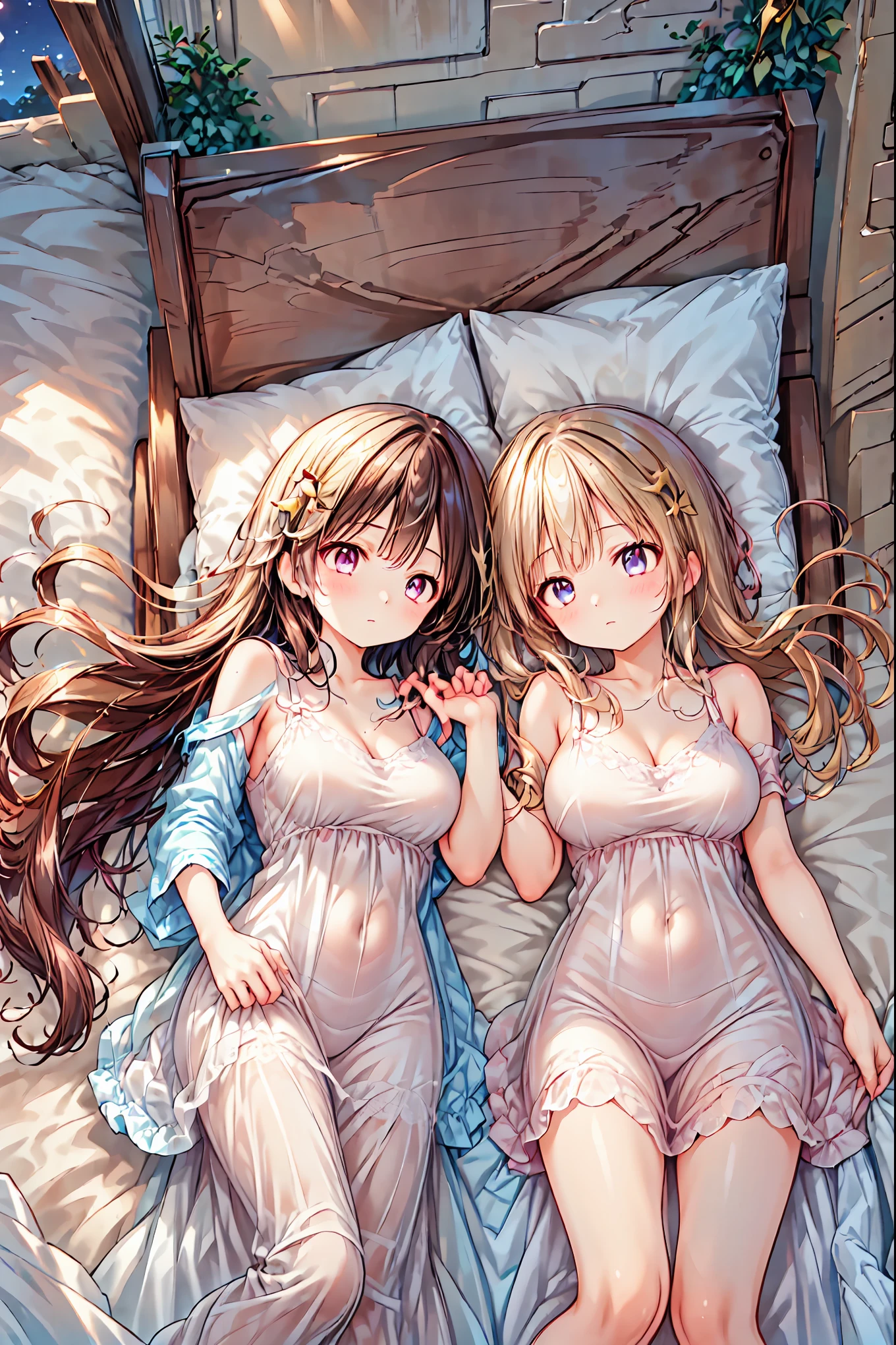 star座のパーソナリティ化,夜空に輝く十二star座がpeopleの姿を得て舞い降りる,(((Gemini twins)))，((from above:1.2)),field，starが見える丘で，流star、空から降り注ぐ流star、無数の流star群、girl２people，full shot，full body view，they look the same，Gemini Girl,twin girls，monozygotic，soft expression,year zero,Elegant Behavior, Delicate Shape ,細部までこだわり抜かれたRealistic表現,exquisite digital art,Mysterious Night Sky Background,star々white Greek style dress,High Quality,4K,Ultra Fine,Realistic,picture that follows the skin,HDR,UHD,expert level with delicate background, ,bokeh