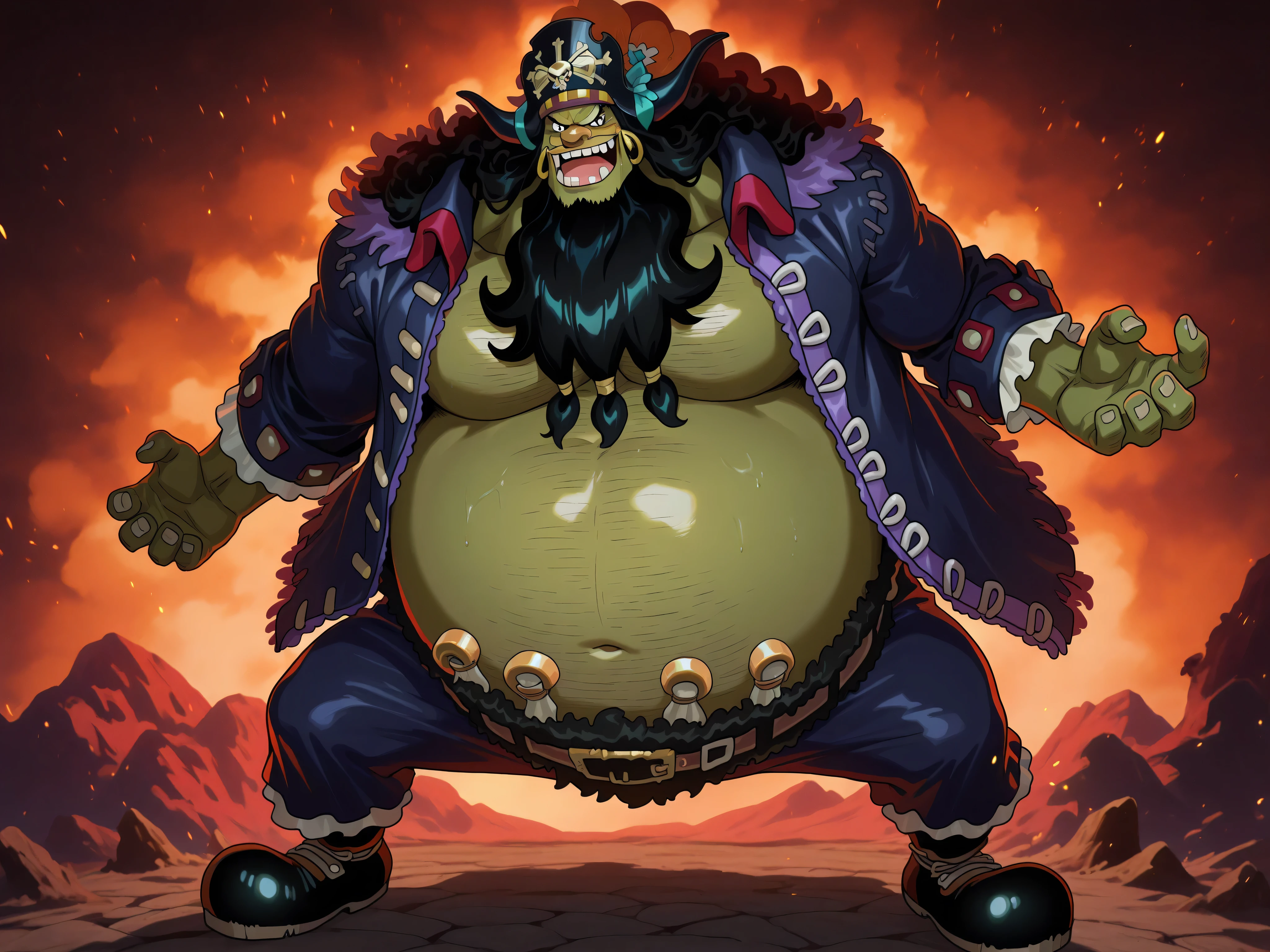 zoroj, neon shading, anime screencap, NDAN_SB ,marshall d teach, male missing tooth, black eyes, black beard, long hair male, long nose, hairy man, fat man, huge man, eyelashes, dark-skinned male, facial hair, ugly man,,solo, ((Marshall D. Teach)), ((Marshall D. Teach as a viking orc)), ((green skin)), viking fur robe, black eyes, Blackbeard , Long Nose, Fat Man, Giant Male, ((viking helmet)), ((Marshal D. Teach's face)), ((perfect face)), belly showing , perfect eyes, ((perfect teeth), orc tusks, (full body view), ((green hands))