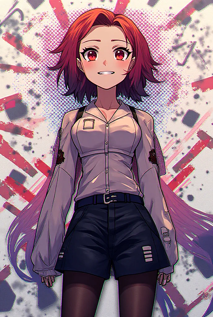 1 girl, pregnant, red hair, wearing dark red school clothes, red eyes, annoyed expression, right fist clenched upwards, classroom background