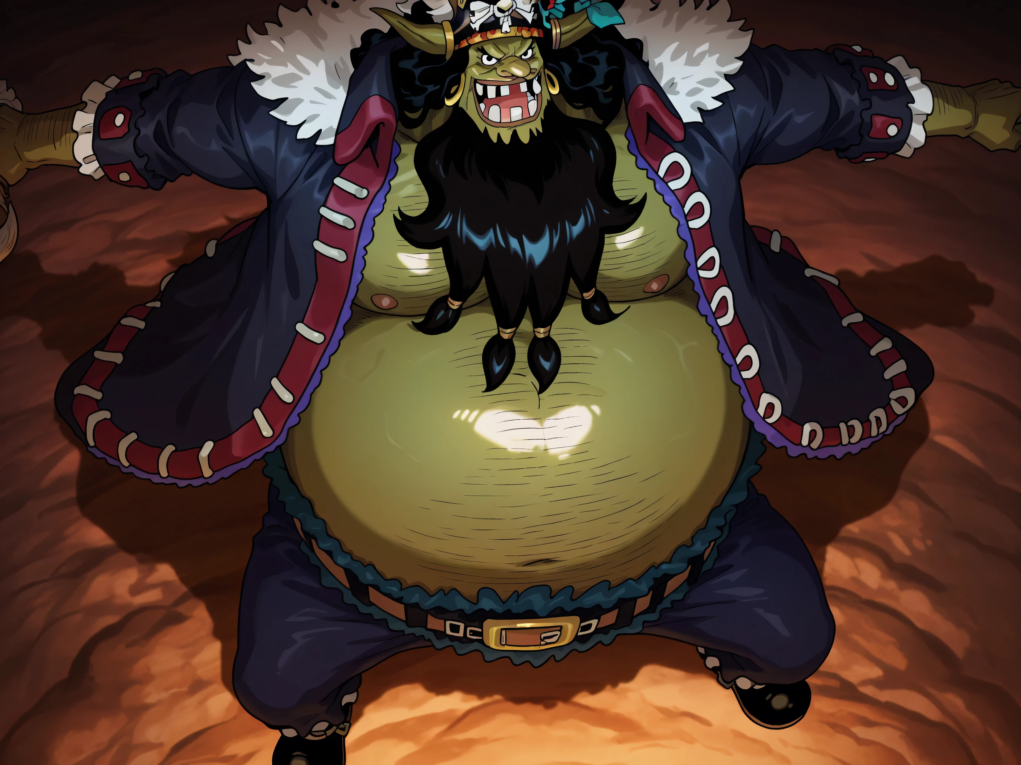 zoroj, neon shading, anime screencap, NDAN_SB ,marshall d teach, male missing tooth, black eyes, black beard, long hair male, long nose, hairy man, fat man, huge man, eyelashes, dark-skinned male, facial hair, ugly man,,solo, ((Marshall D. Teach)), ((Marshall D. Teach as a viking orc)), ((green skin)), viking fur robe, black eyes, Blackbeard , Long Nose, Fat Man, Giant Male, ((viking helmet)), ((Marshal D. Teach's face)), ((perfect face)), belly showing , perfect eyes, ((perfect teeth), orc tusks, full body view