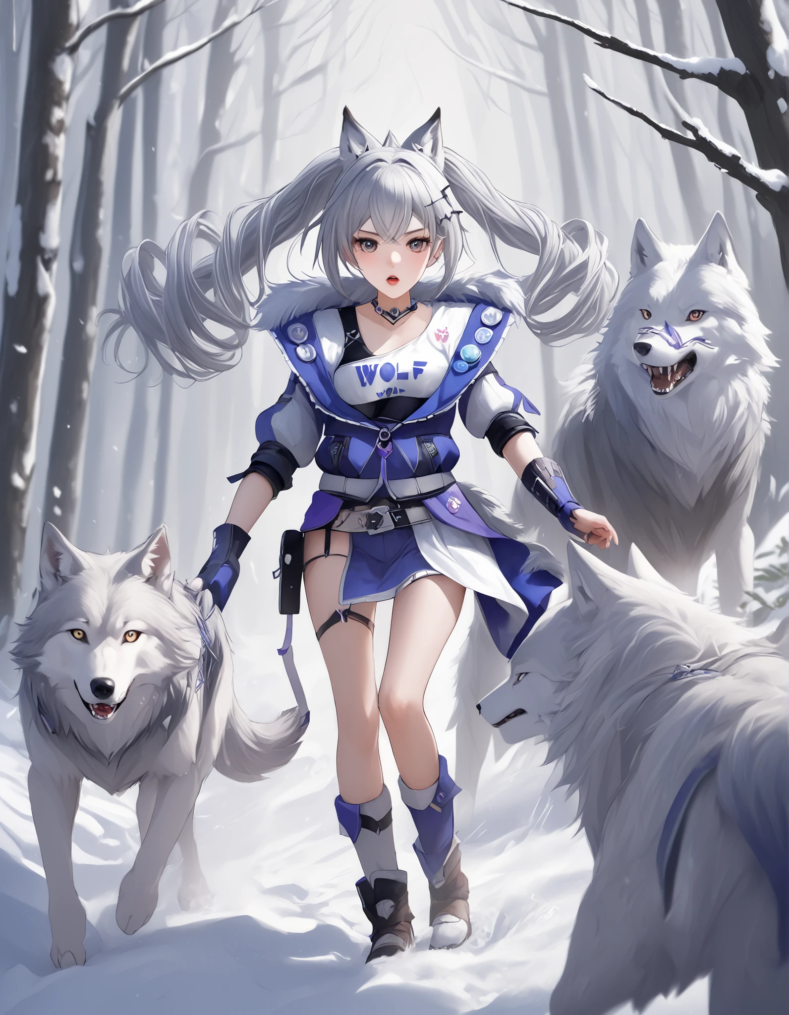 A beautiful girl with long silver hair and twin tails, a wolf appears in a snowy forest, a beautiful girl chasing a wolf, and a hunting costume.
