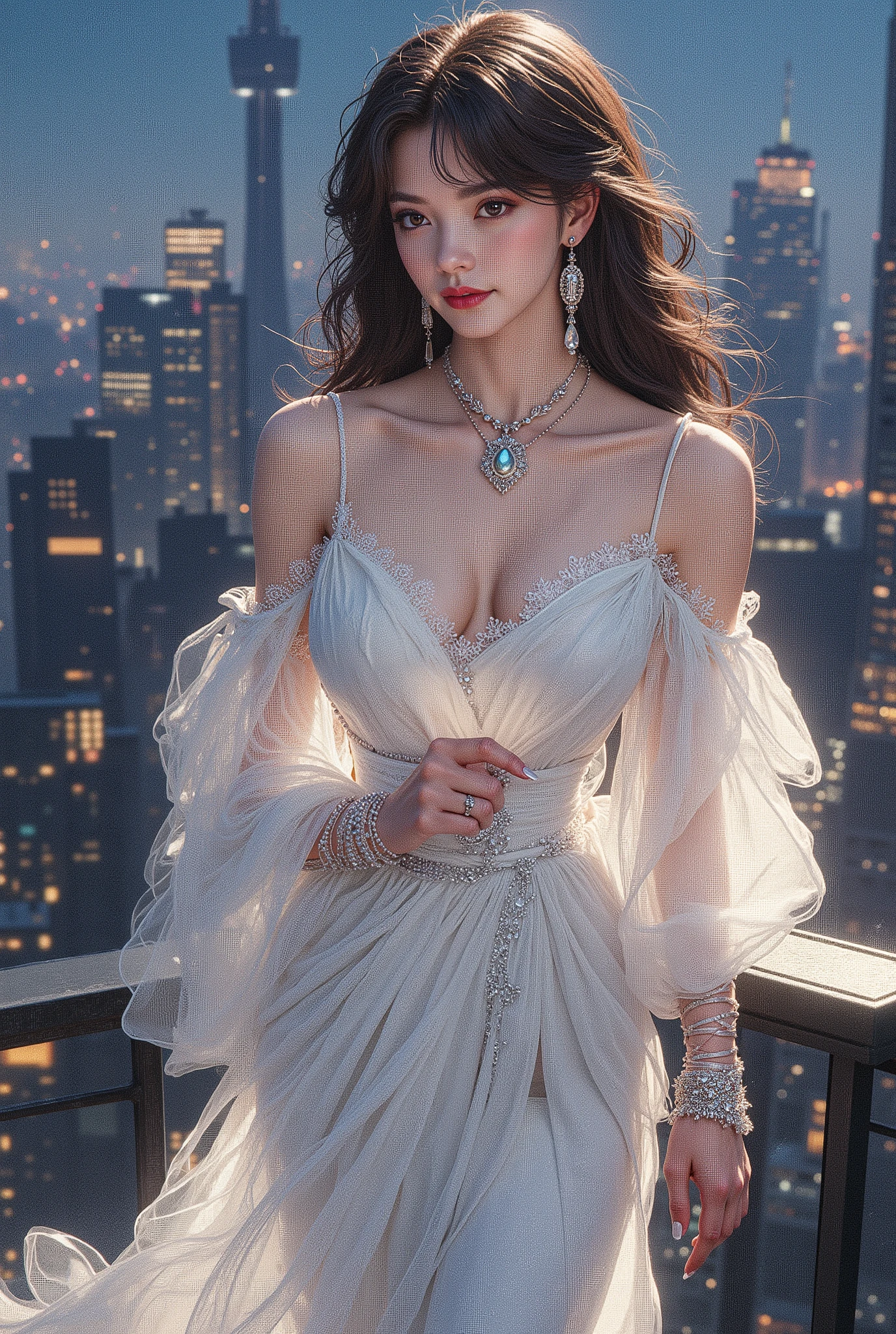 (8K, Highest Quality, Masterpiece), (Realistic, Photorealistic: 1.37), Extremely Detailed

{Woman Standing on a Building Rooftop at Night}

Highly recognizable miniature painting, exquisitely detailed clip art, a dreamy, hyper-realistic fantasy world, a fusion of real and fantasy elements (smiling and holding a jewel: 1), sweet, deadly, and captivating

Luxurious Museum

(A high-class woman in a modern white dress enjoying evening tea on the terrace of a penthouse), security cameras, shadow movement, graceful gestures, a firm air, perfect posture,