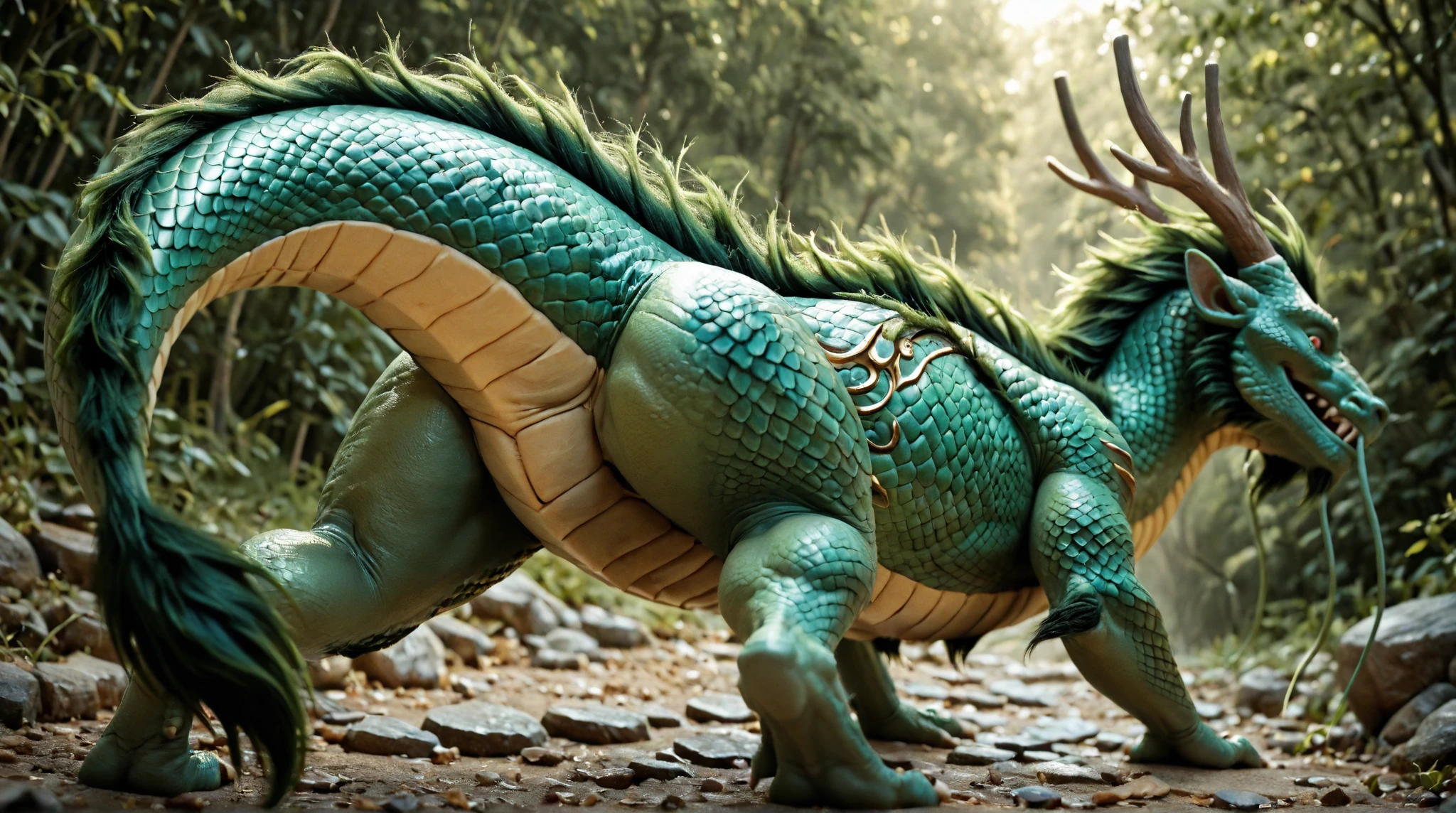 Small Dragon getting   by human((feral female), (tail up), ( out), ( presenting canine ), (looking at you), (human  dragon ), (black and green scales), (dripping )), 4k