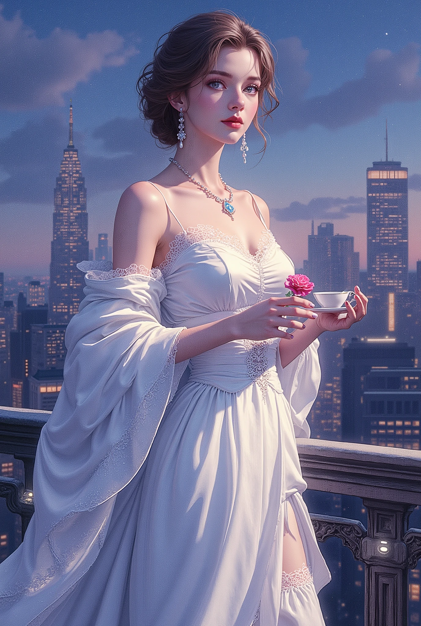 (8K, Highest Quality, Masterpiece), (Realistic, Photorealistic: 1.37), Extremely Detailed
{Woman Standing on a Building Rooftop at Night}
Highly recognizable miniature painting, exquisitely detailed clip art, a dreamy, hyper-realistic fantasy world, a fusion of real and fantasy elements (smiling and holding a jewel: 1), sweet, deadly, and captivating
Luxurious Museum
(A high-class woman in a modern white dress enjoying evening tea on the terrace of a penthouse), security cameras, shadow movement, graceful gestures, a firm air, perfect posture,