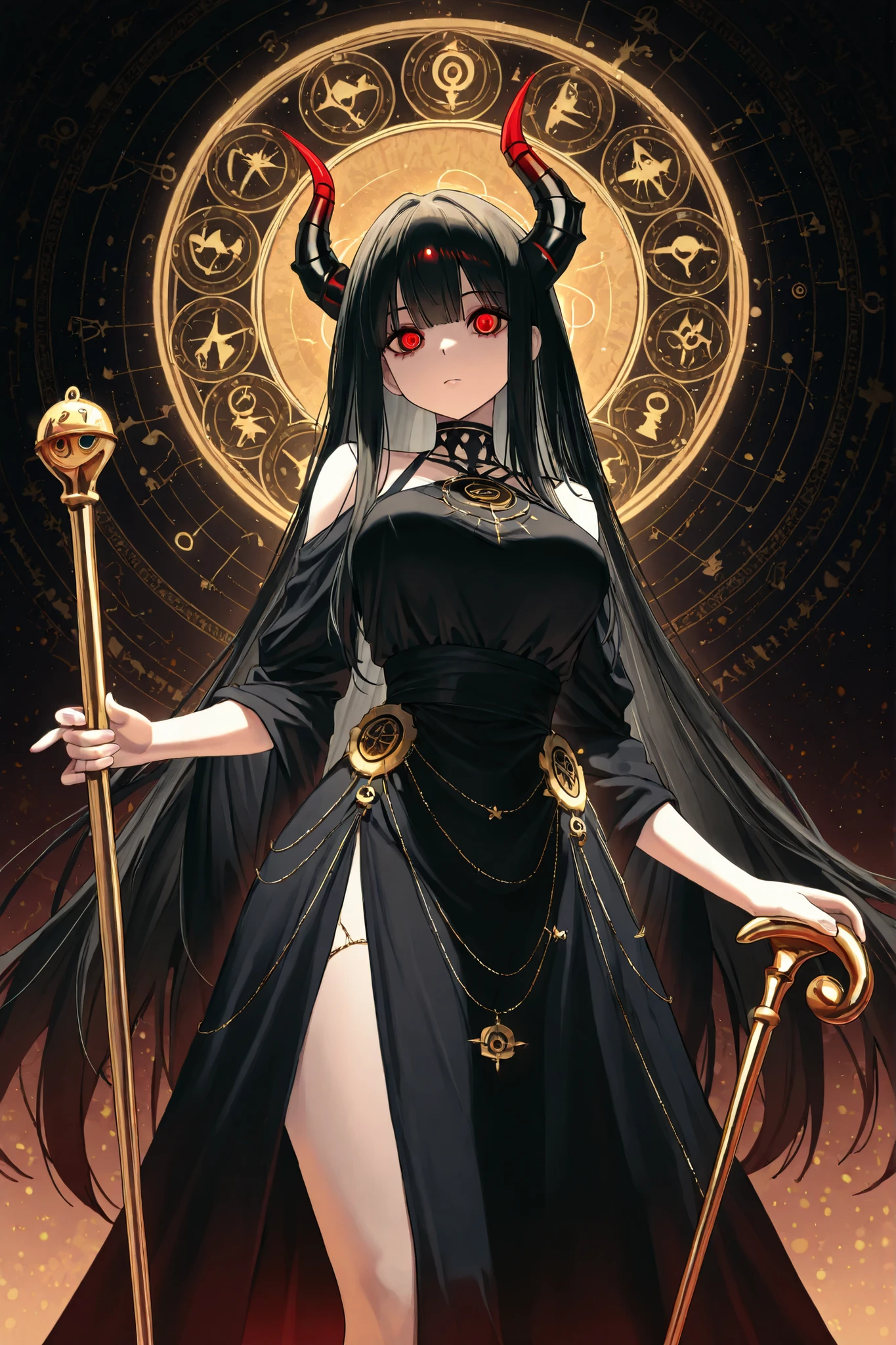 Anime girl with ram horns, wearing an elegant dress with the symbol of Aries while in the background you can see the constellations and you see the one of Aries, carries a golden cane with the symbol of aries while looking confidently and determinedly at the black-haired and red-eyed observer, Masterpiece, 8K, absurdres,