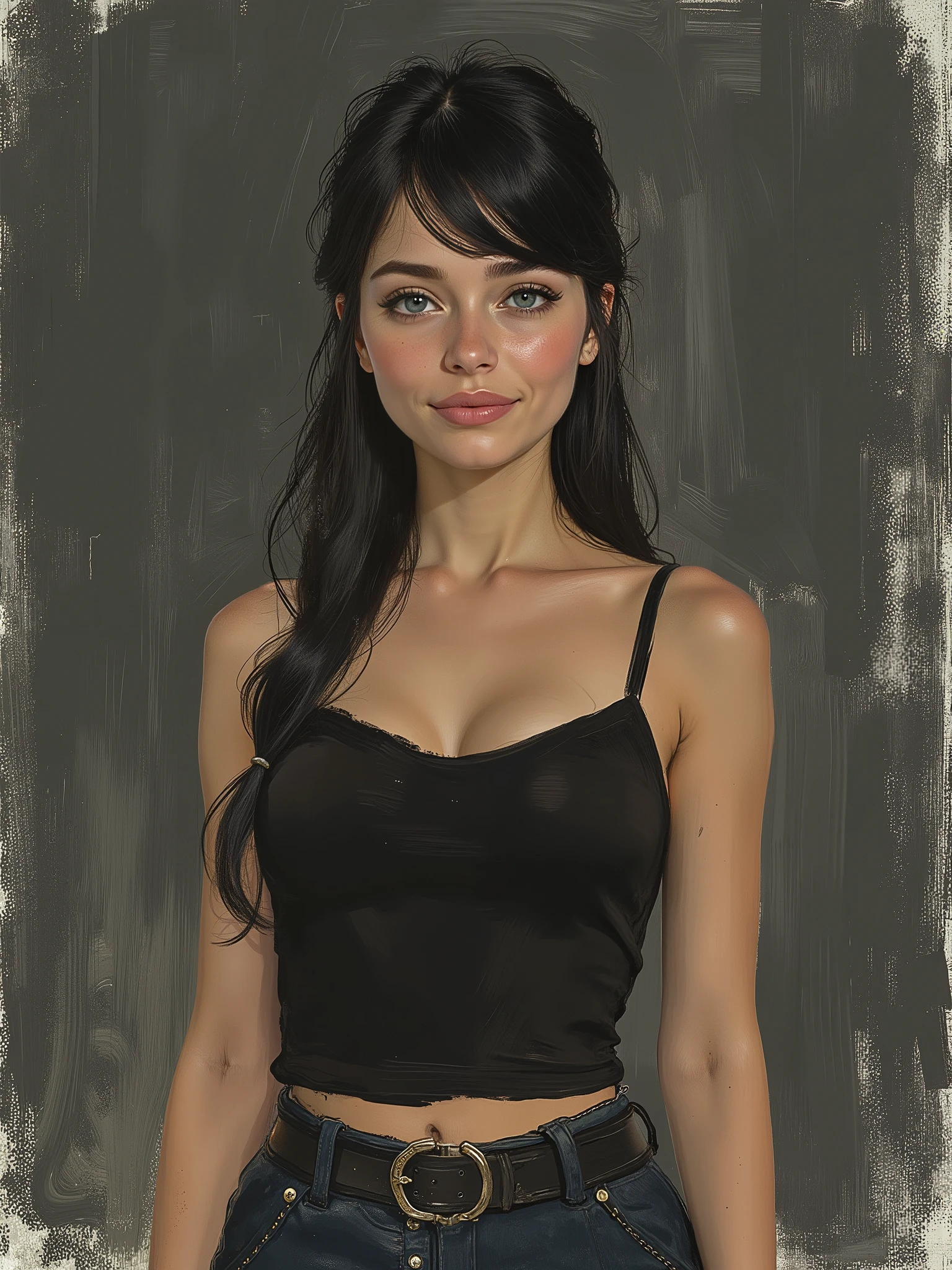f4nt4st1c , marinette Dopanchan, sketch painting, A very beautiful and cute 22 year old woman with a slight smile. (((Shy smile))), sharp focus on the face, (((Western eyes:1.5))), (((Extremely detailed ice-blue eyes, beautiful eyes, beautifully detailed eyes))), (((delicately detailed thin pink lips))), (((long hair, shiny hair))), (((black medieval steampunk style sleeveless t-shirt))), (((Dark Blue medieval steampunk style leather warrior pants))), (((full body view, dynamic pose, standing:1.5, graceful pose))), (((The background is Dark Gray and painted with expressive, visible textures using dynamic brushstrokes and strokes that add depth and movement. The paint covers only the area just behind the subject. The outer edges of the image with black margins, as if the background had been painted with a brush and with expressive and visible textures using dynamic brushstrokes and strokes fading toward the edges creating a modern and artistic vignette effect))). Cinematic lighting, soft depth of field, (((masterpiece/high resolution/Best Quality/top quality/high quality/UHD/16k quality))), sharp focus, no blur, film grain, bokeh.