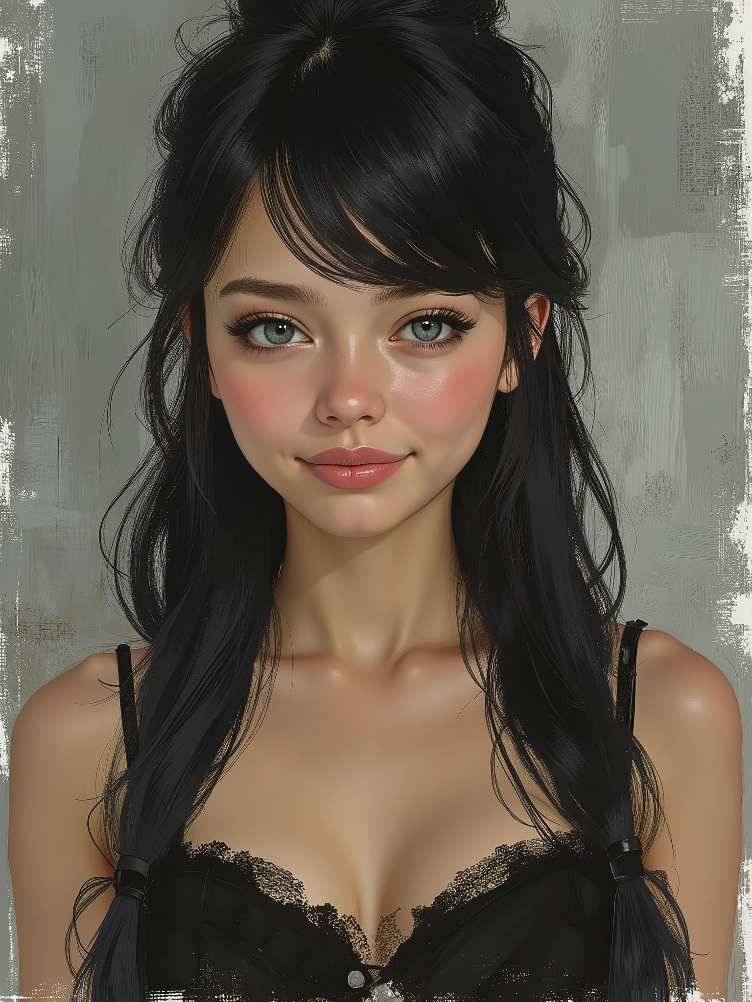 f4nt4st1c , marinette Dopanchan, sketch painting, A very beautiful and cute 22 year old woman with a slight smile. (((Shy smile))), sharp focus on the face, (((Western eyes:1.5))), (((Extremely detailed ice-blue eyes, beautiful eyes, beautifully detailed eyes))), (((delicately detailed thin pink lips))), (((long hair, shiny hair))), (((black medieval steampunk style sleeveless t-shirt))), (((Dark Blue medieval steampunk style leather warrior pants))), (((full body view, dynamic pose, standing:1.5, graceful pose))), (((The background is Dark Gray and painted with expressive, visible textures using dynamic brushstrokes and strokes that add depth and movement. The paint covers only the area just behind the subject. The outer edges of the image with black margins, as if the background had been painted with a brush and with expressive and visible textures using dynamic brushstrokes and strokes fading toward the edges creating a modern and artistic vignette effect))). Cinematic lighting, soft depth of field, (((masterpiece/high resolution/Best Quality/top quality/high quality/UHD/16k quality))), sharp focus, no blur, film grain, bokeh.