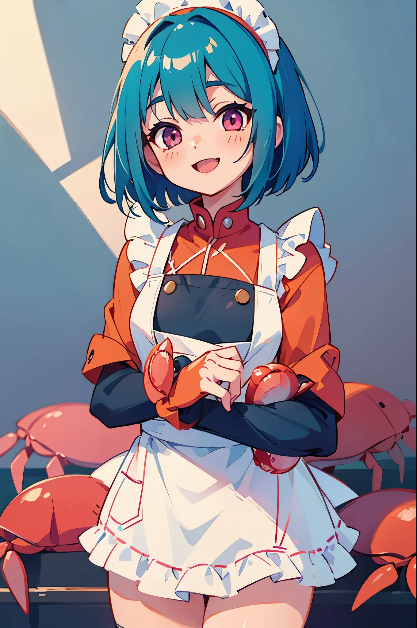 cute crab woman、solo、light blue hair、bob hair、pink eyes、White apron、Smile Yan、cowboy shot、