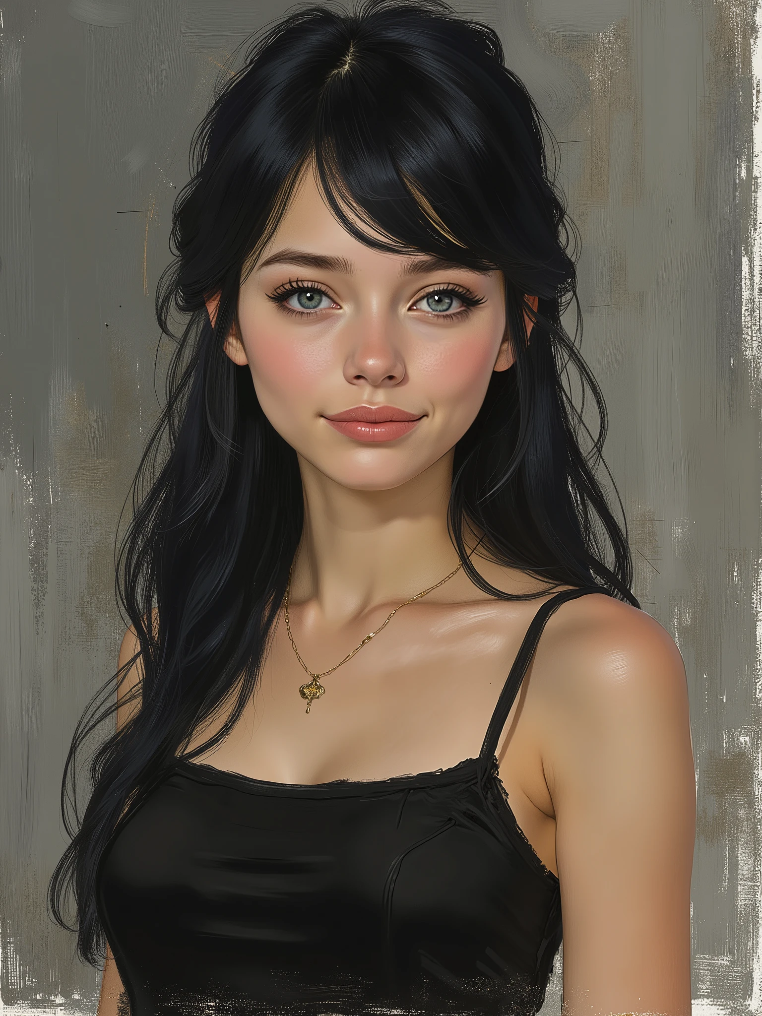 f4nt4st1c , marinette Dopanchan, sketch painting, A very beautiful and cute 22 year old woman with a slight smile. (((Shy smile))), sharp focus on the face, (((Western eyes:1.5))), (((Extremely detailed ice-blue eyes, beautiful eyes, beautifully detailed eyes))), (((delicately detailed thin pink lips))), (((long hair, shiny hair))), (((black medieval steampunk style sleeveless t-shirt))), (((Dark Blue medieval steampunk style leather warrior pants))), (((full body view, dynamic pose, standing:1.5, graceful pose))), (((The background is Dark Gray and painted with expressive, visible textures using dynamic brushstrokes and strokes that add depth and movement. The paint covers only the area just behind the subject. The outer edges of the image with black margins, as if the background had been painted with a brush and with expressive and visible textures using dynamic brushstrokes and strokes fading toward the edges creating a modern and artistic vignette effect))). Cinematic lighting, soft depth of field, (((masterpiece/high resolution/Best Quality/top quality/high quality/UHD/16k quality))), sharp focus, no blur, film grain, bokeh.