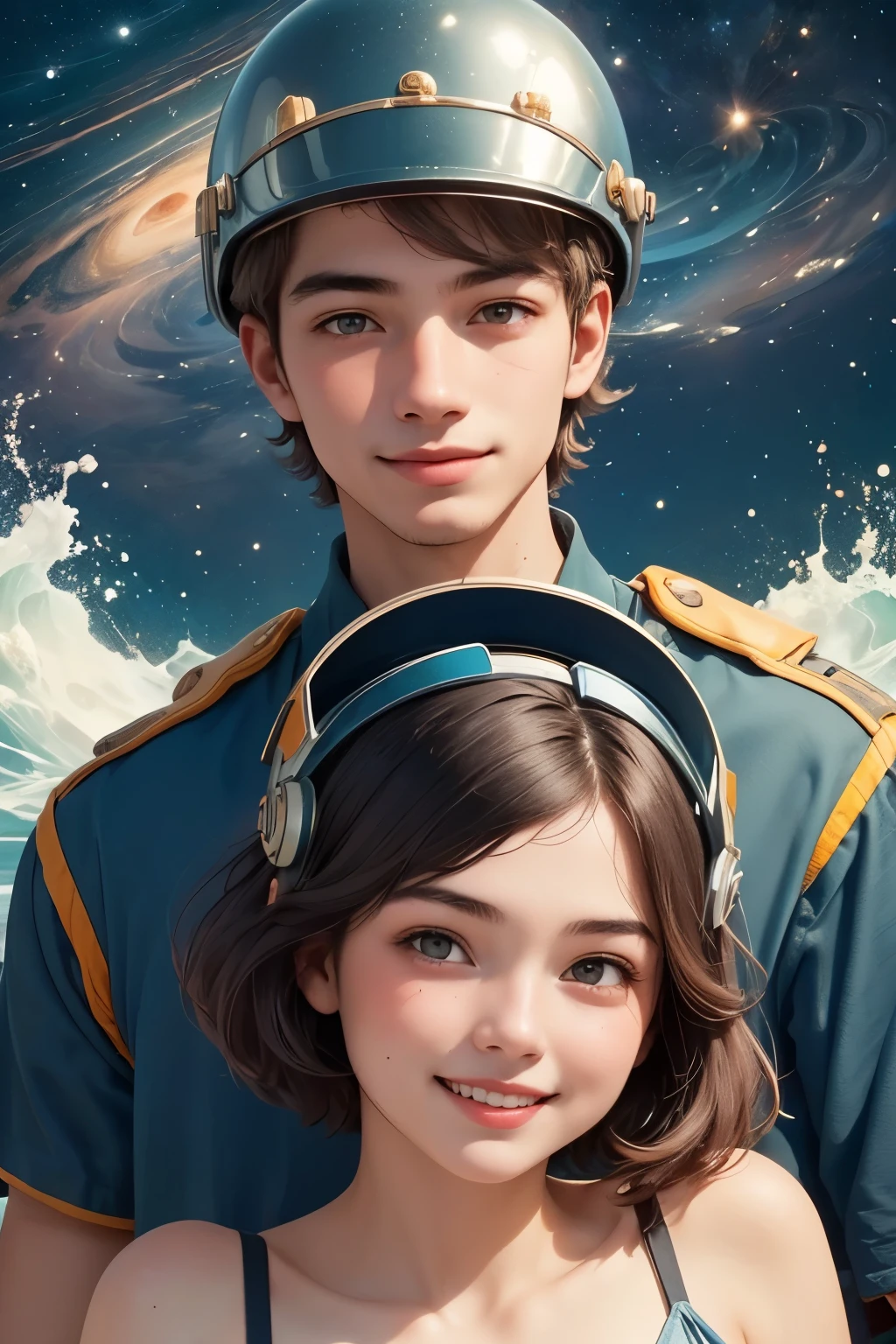 408 (Duo),((18 year old woman)),((18 year old man)),(short hair),(Shortcut),(Neat hair),(super high image quality at sea level),(helmet and headgear),(Archaic smile),2025.09.14,((The background is the universe))
