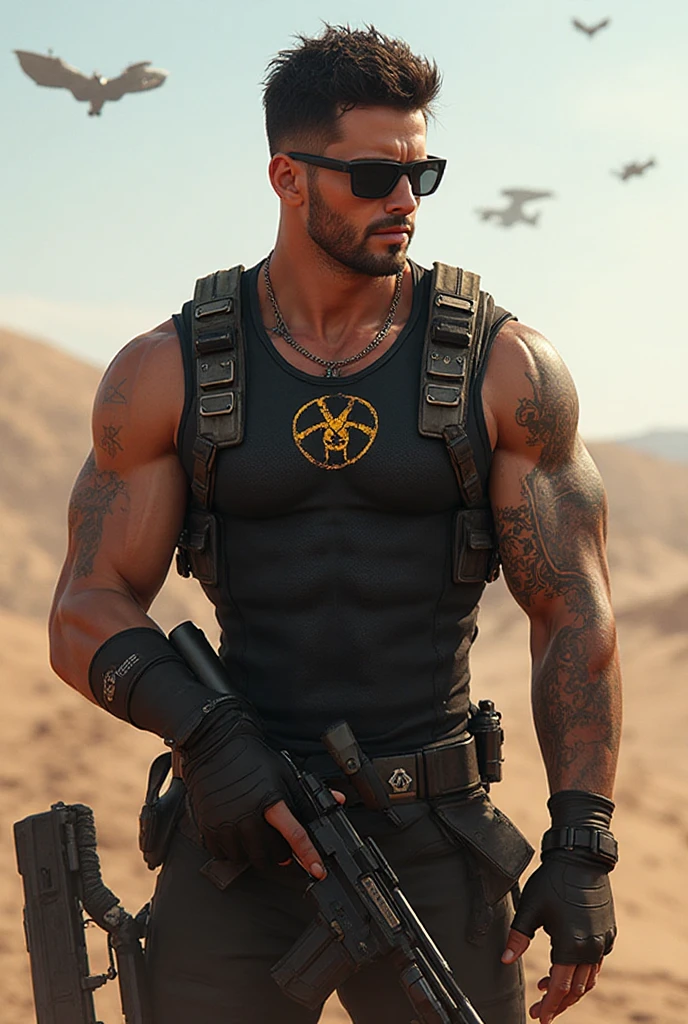 1 man, young middle-aged man, Chris Redfield, smilling face, solo, white skin, muscular, hairy body, muscle man, tall, hunk, big biceps, abs, big thighs, wide shoulder, open ,  hair, black short hair, Egyptian clothing, in front of the pyramid, Egyptian vibe, little to no clothing, viewer looking, high resolution:1.2, best quality, upper body shot, flat style, blue sky and clear water background, low camera angle, volumetric lighting, depth of field, shadow, huge , full body,  clothing