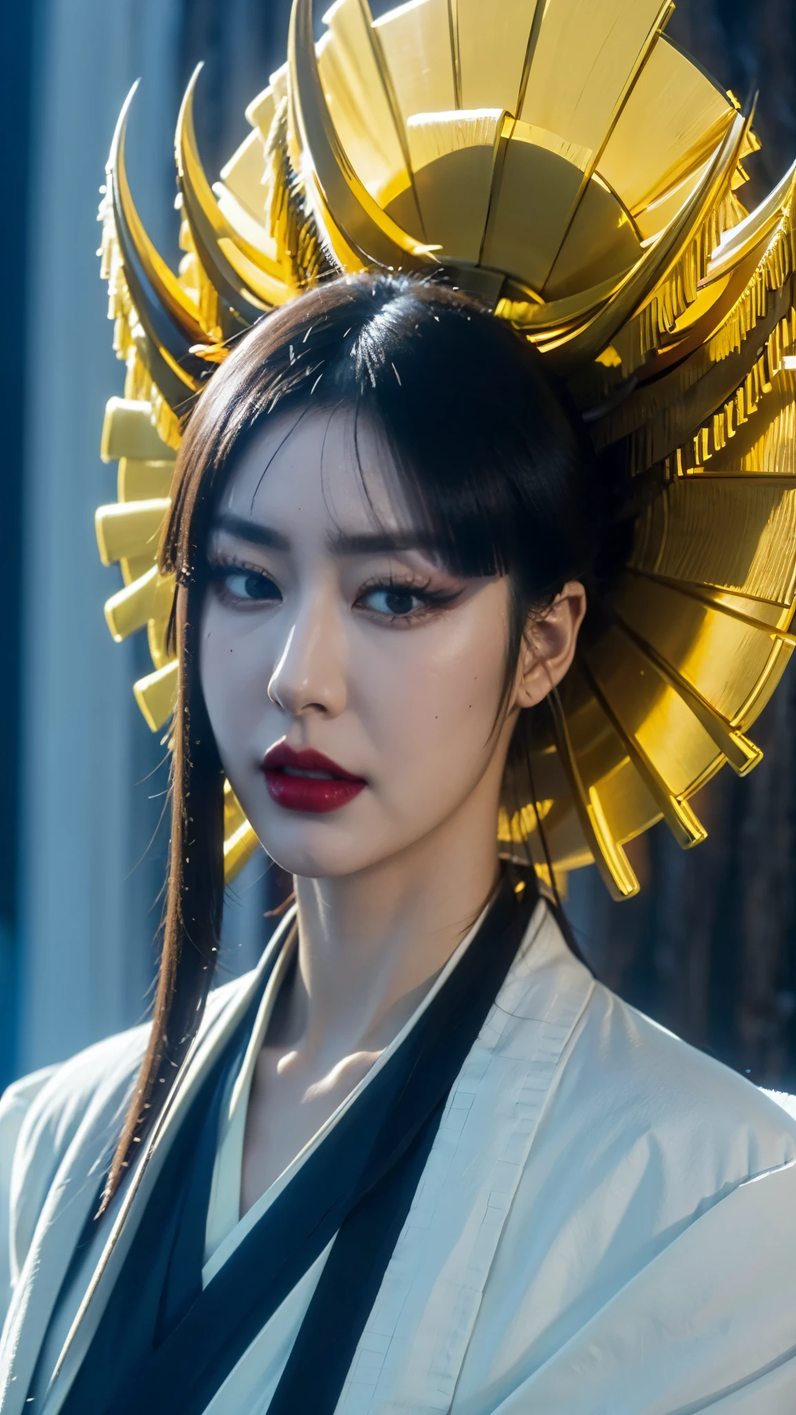 "Half-body portrait of Senjumaru Shutara from Bleach, realistic and ultra-detailed, wearing an elegant kimono with intricate golden and black patterns, ornate golden accessories, long flowing black hair decorated with delicate ornaments, graceful and composed expression, lifelike skin and fabric textures, hyper-detailed realism, cinematic lighting, ultra-realistic anime style