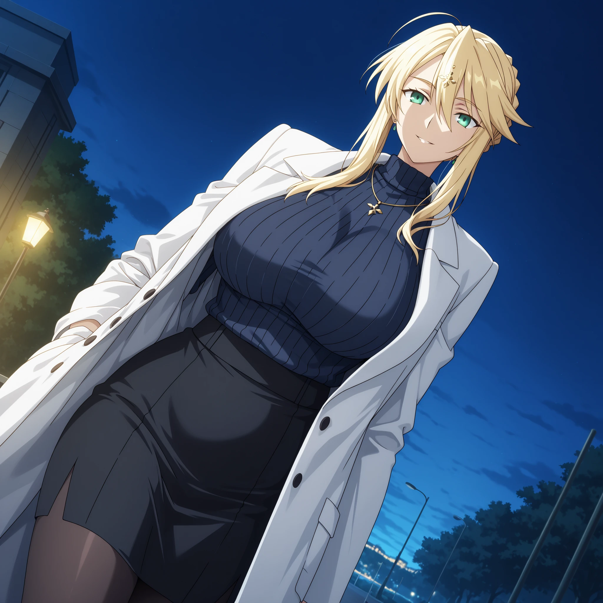 Artoria Pendragon Lancer. (a mature woman),anime style. ,long white coat ,a dark blue sweater with a collar,tight black skirt,thigh-length black tights,big curves, Smiling Kindly,looks directly at the spectator,the blond hair moved softly in the breeze, park at night,Very detailed illustration,bright and bright colors, high quality anime style, anatomically perfect, front focus,solo alone.