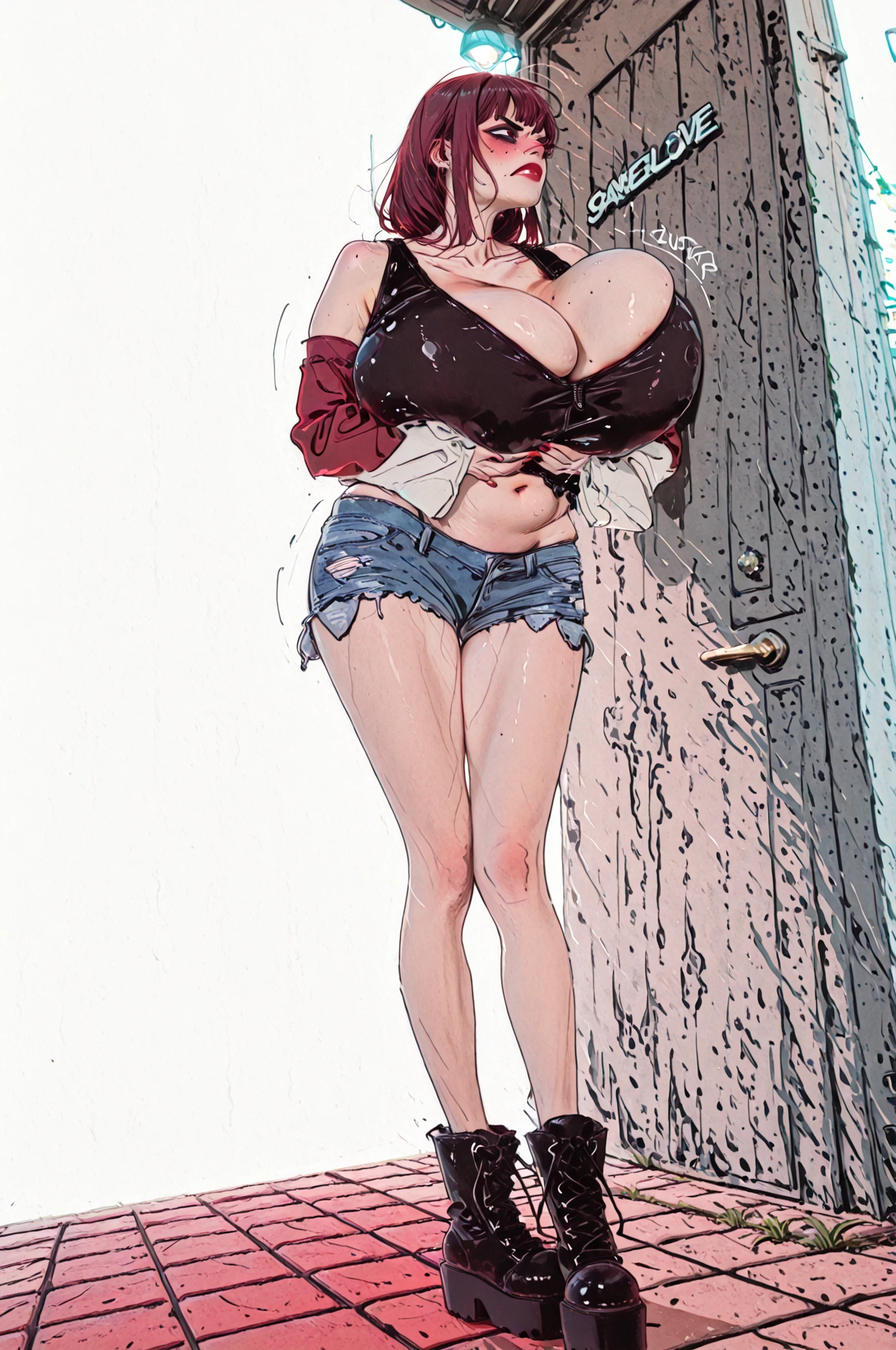 (1girl, solo:1.2), from the side, (small shirt) (dynamic angle:1.2), (narrow hips:1.2) (long legs, skinny legs) (face focus, breast focus:1.2) (hands breast press:1.2), pale skin, (looking at you) cute, (breasts bigger than her body), a woman with enormous breasts standing on a city sidewalk, (belly chub:1.1) (love handles) (specular and volumetric lighting:1.1) (low set breasts:1.1) (Enormous sagging breasts), (wearing a black studded leather vest with cut off sleeves and a t shirt under vest) wearing tight distressed denim and large thick black platform boots. (Platform boots with undone laces, loose fitting boots) , (thick dark eyeliner, dark red lipstick), gaunt cheeks, slender neck, (narrow shoulders), (breast focus), (unaligned breasts), (text:"Oppai"), (angry and embarrassed emotions:1.1)
comic_drawing_style, pop art, cute detailed artwork, colorful, high image quality, detailed details, hidden details, (sfw breasts, covered breasts) (from the side diagonal) (breast silhouette) masterpiece, ultra-detailed, absurdres, newest,