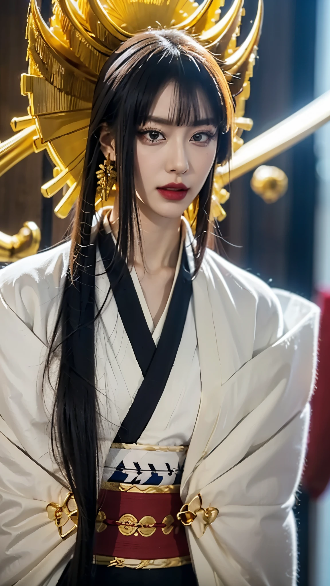 "Half-body portrait of Senjumaru Shutara from Bleach, realistic and ultra-detailed, wearing an elegant kimono with intricate golden and black patterns, ornate golden accessories, long flowing black hair decorated with delicate ornaments, graceful and composed expression, lifelike skin and fabric textures, hyper-detailed realism, cinematic lighting, ultra-realistic anime style