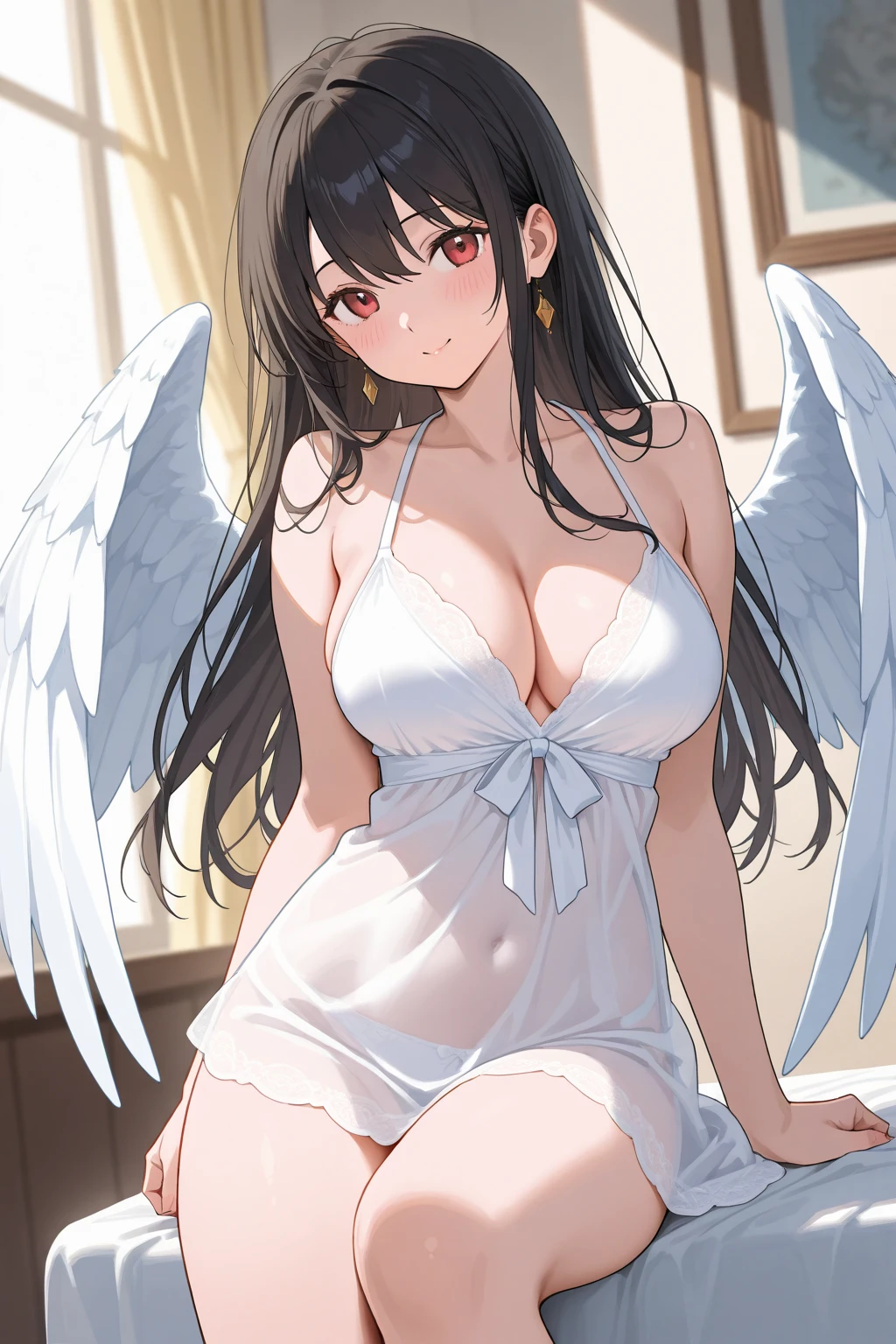 ((nsfw)),((gigantic breast: 1.5),(masterpiece, best quality),((high resolution 4k)), 1lady, solo, (white Scales, body cover with  scales), halo, wings,fallen angel, black hair, loose waves, red eyes,wet white sheer t shirt,short sleeve,wet white skirt,white stockings,white thigh highs,standing