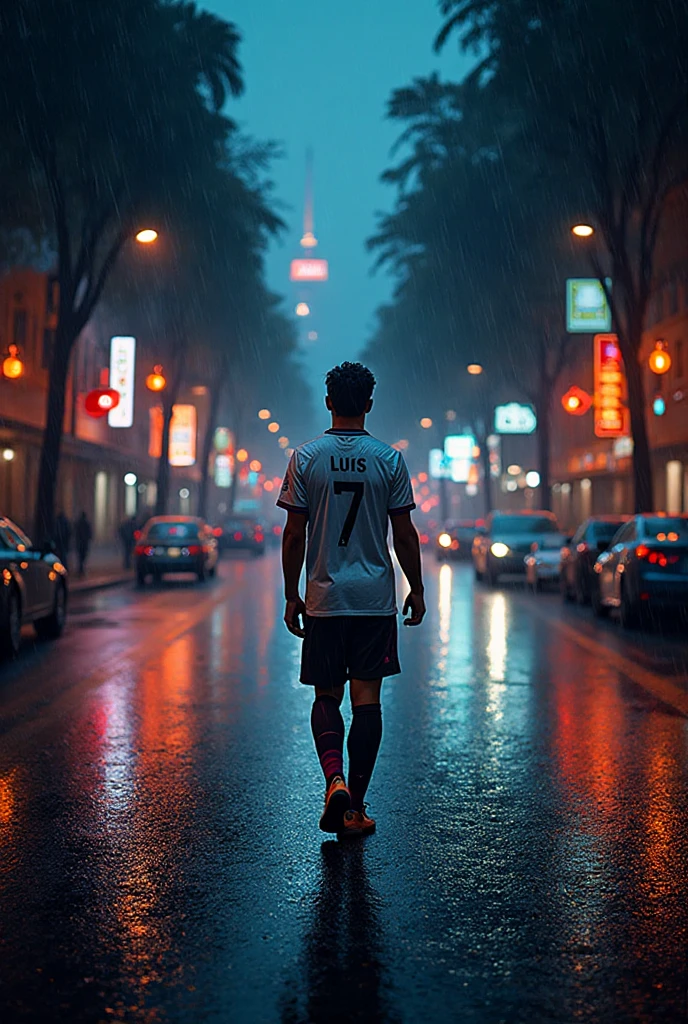 A person walking alone in the middle of a rainy city street, seen ...