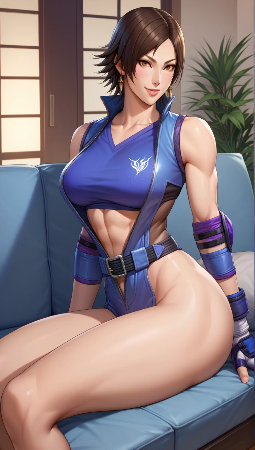 (masterpiece, alluring bedroom scene:1.2), (yuzuriha_(jigokuraku), purple hair, eyes:1.3), (in her room:1.1), (wearing nothing but a tiny red lingerie with a tight garter belt:1.2), (proportional body with medium-sized , slim waist, and moderate :1.2), (capturing the moment when she stands with her legs parallel, wearing a mischievous smile on her face:1.2) Hyper-detailed, insane details, Beautifully color graded, Unreal Engine, DOF, Super-Resolution,Megapixel, Cinematic Lightning, Anti-Aliasing, FKAA, TXAA, RTX,SSAO,Post Processing, Post Production, Tone Mapping, CGI, VFX, SFX, Insanely detailed and intricate , Hyper maximalist, Hyper realistic, Volumetric, Photorealistic, ultra photoreal, ultra- detailed, intricate details,8K, Super detailed , Full color, Volumetric lightning, HDR, Realistic, Unreal Engine, 16K, Sharp focus. Octane render, (huge muscles)